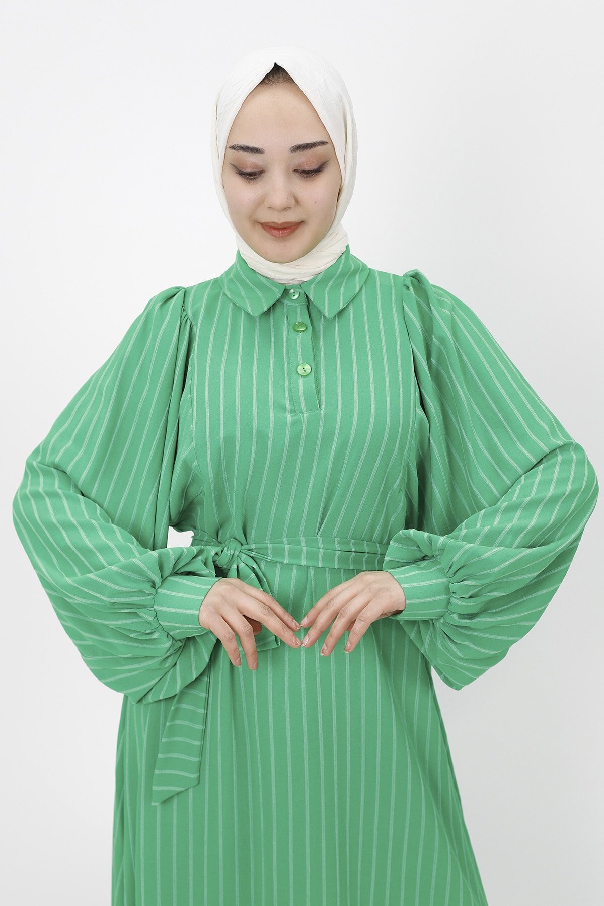 Yeşil Çizgi Desenli Balok Kol Tesettür Elbise - Butik