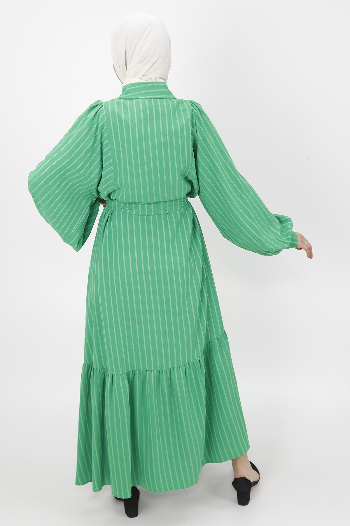 Yeşil Çizgi Desenli Balok Kol Tesettür Elbise - Butik