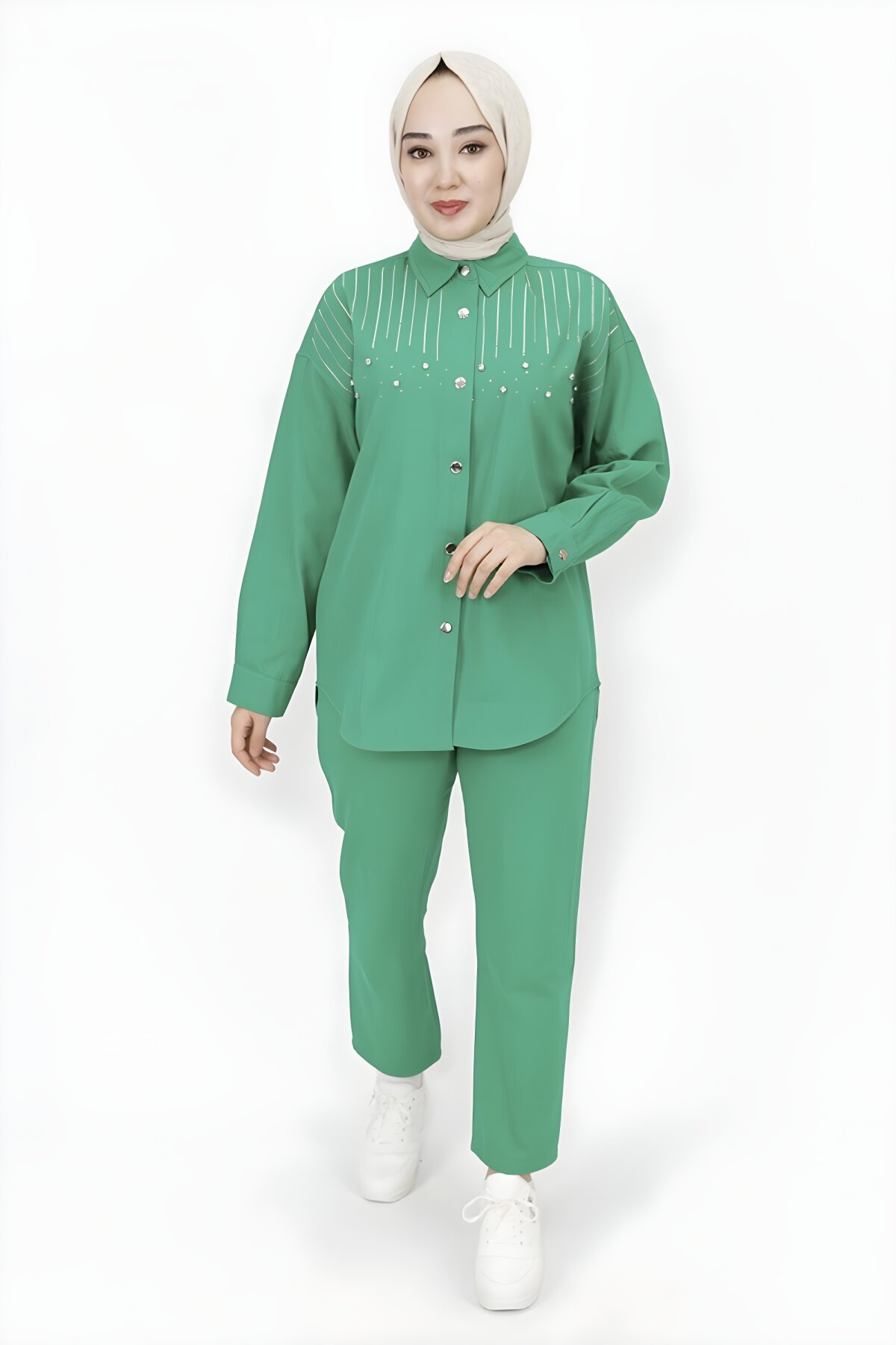 Yeşil Gabardin Kumaş Taş Detaylı İkili Tesettür Takım - Butik
