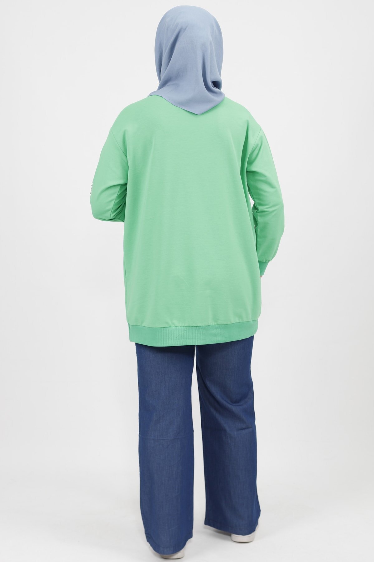 Yeşil İki İplik İnci Taş Detaylı Tesettür Tunik - Butik