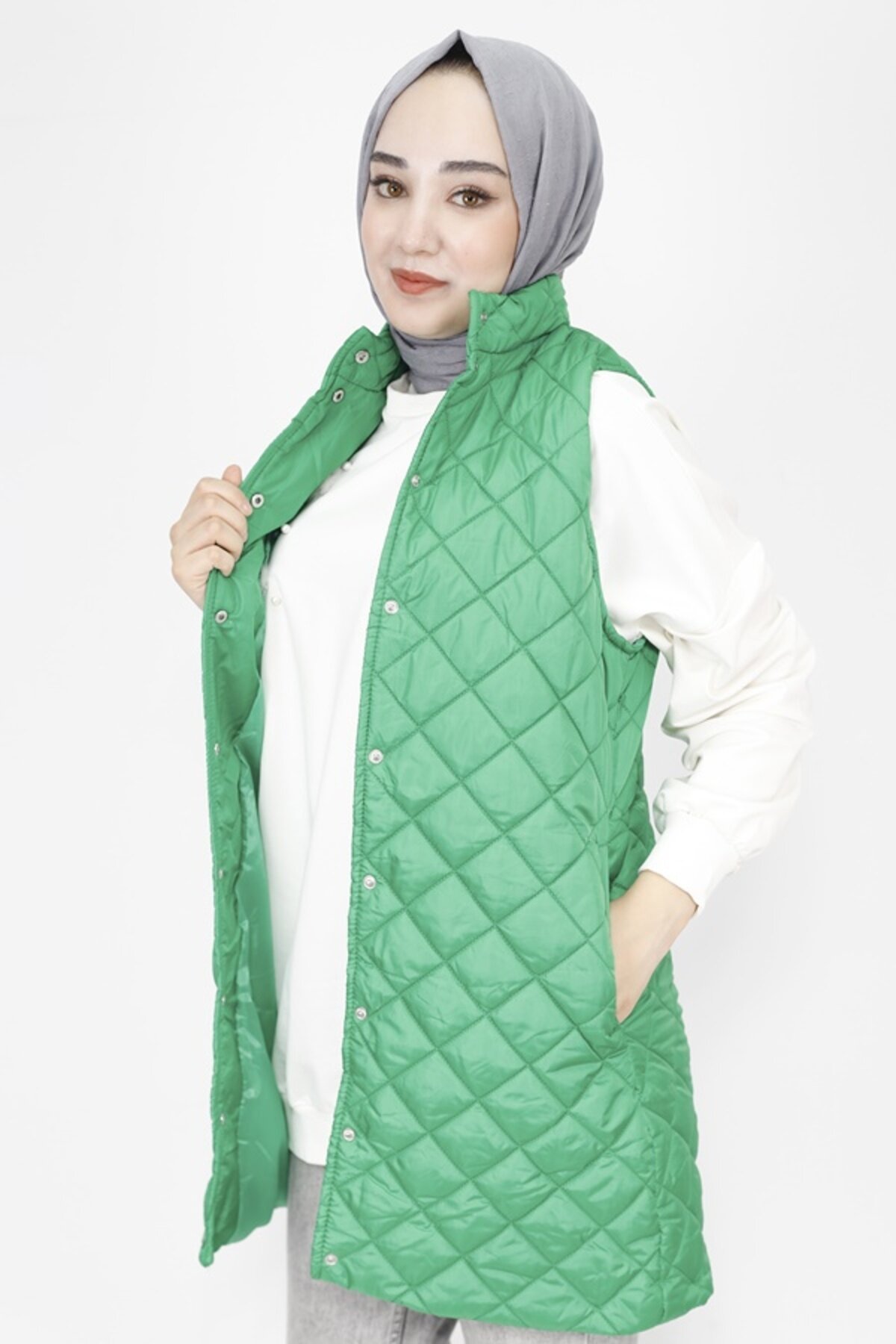 Quilted Pocketed Modest Vest - Green - Butik