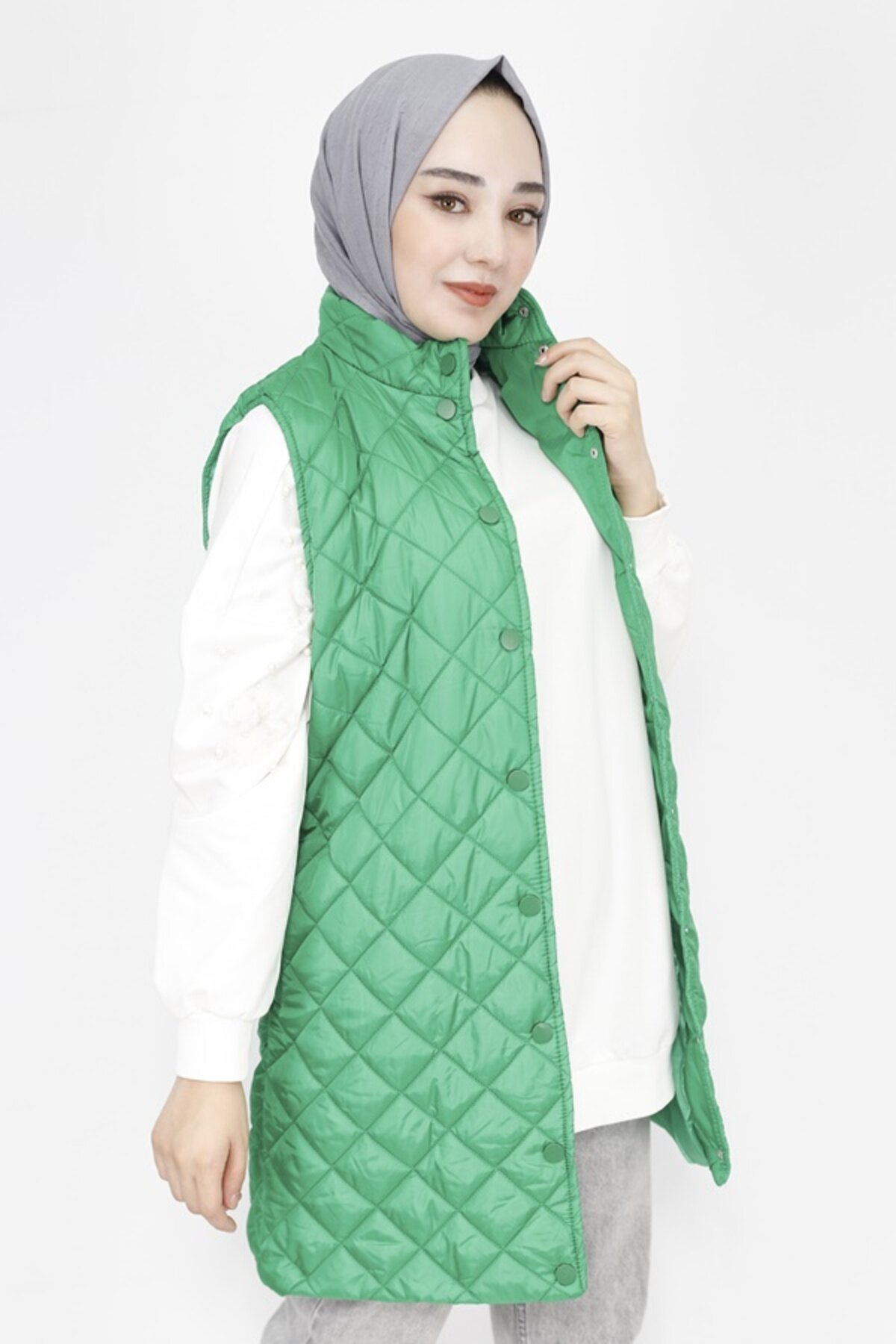 Quilted Pocketed Modest Vest - Green - Butik