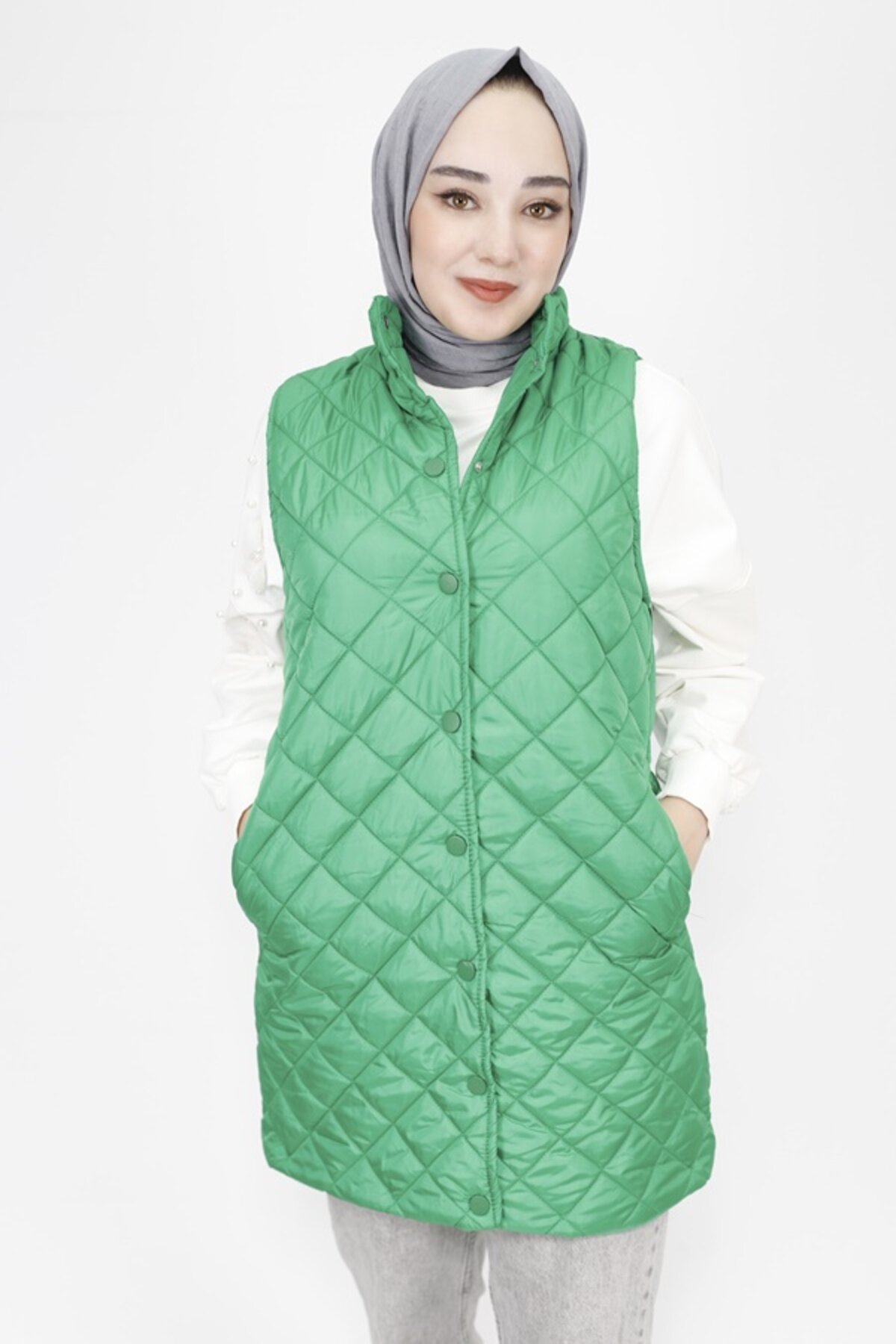 Quilted Pocketed Modest Vest - Green - Butik