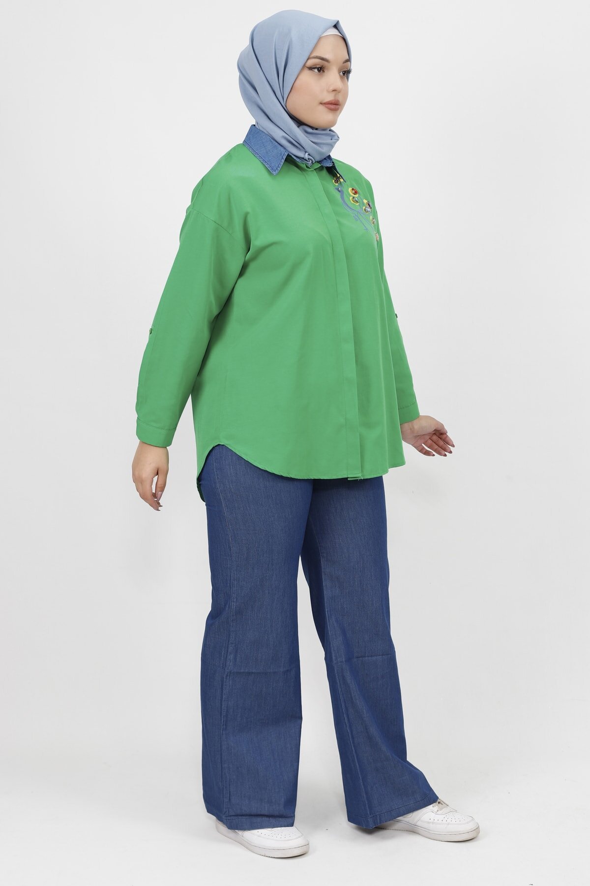 Yeşil Kuş Nakış Taş Detaylı Poplin Gömlek - Butik