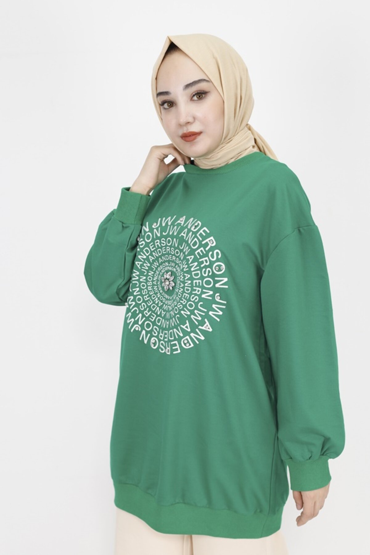 تونيك سويت شيرت محتشم أخضر بتطريز وحجارة - Butik