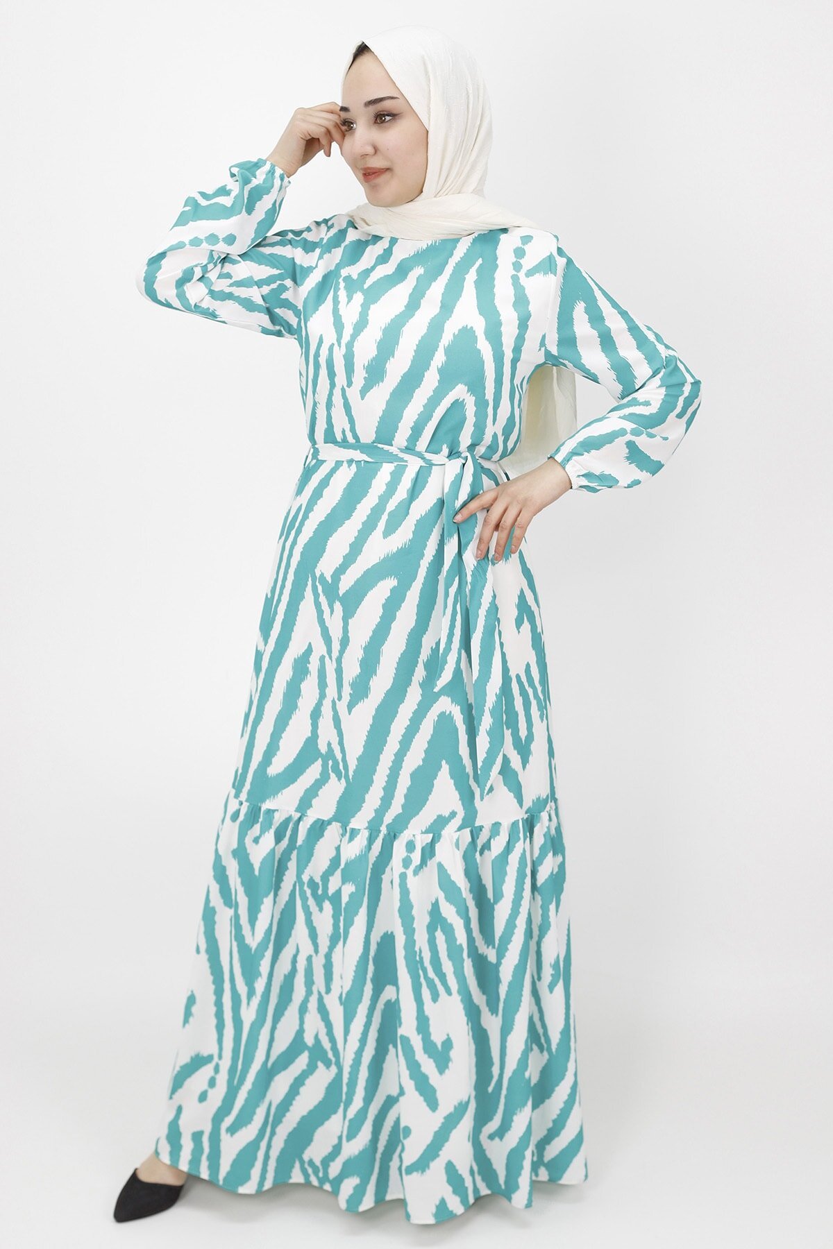 Zebra Pattern Chiffon Modest Dress - Green - Butik