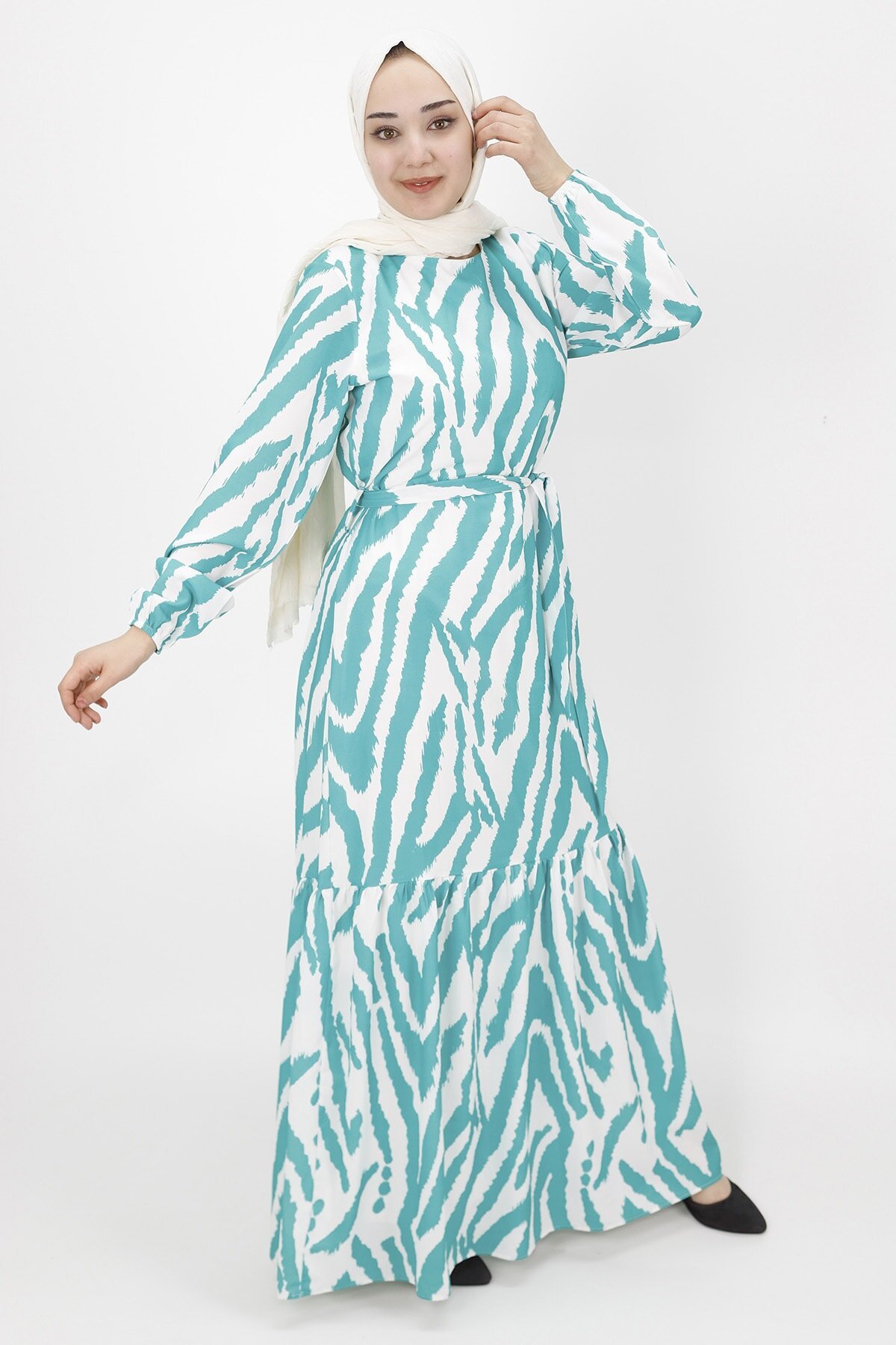 Zebra Pattern Chiffon Modest Dress - Green - Butik