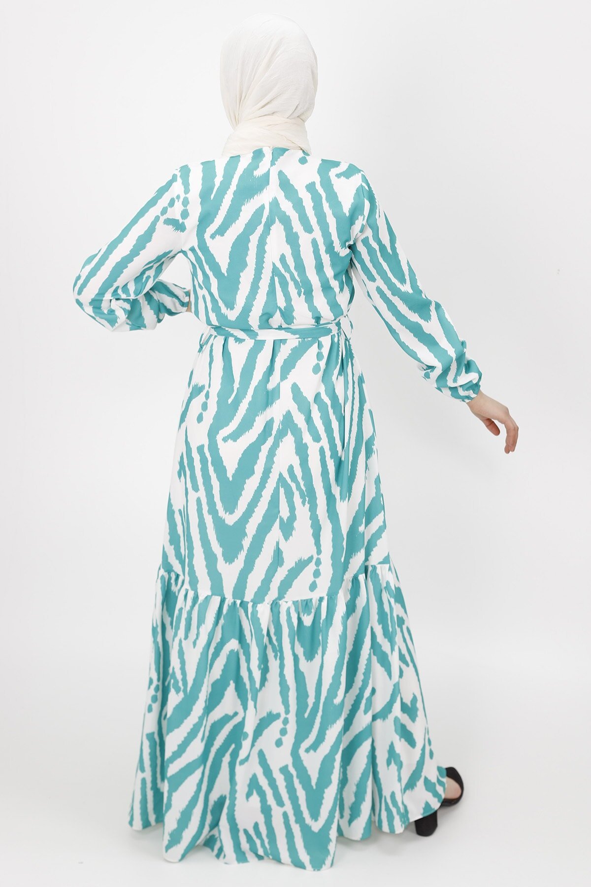 Zebra Pattern Chiffon Modest Dress - Green - Butik
