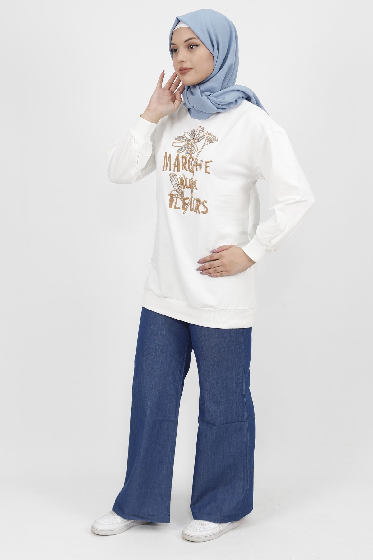 Double-Thread Knit Pearl and Embroidery Detail Modest Tunic - White - Bwest