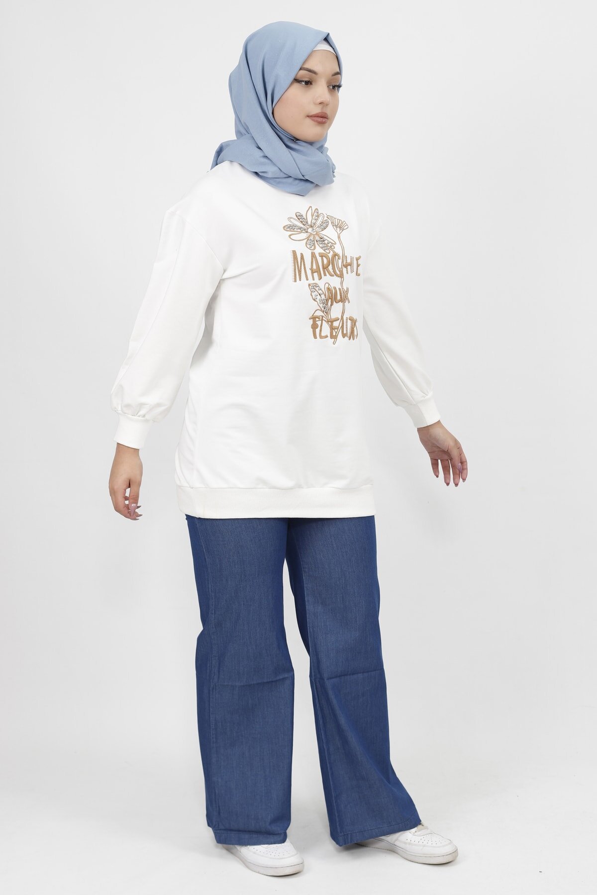 Double-Thread Knit Pearl and Embroidery Detail Modest Tunic - White - Bwest