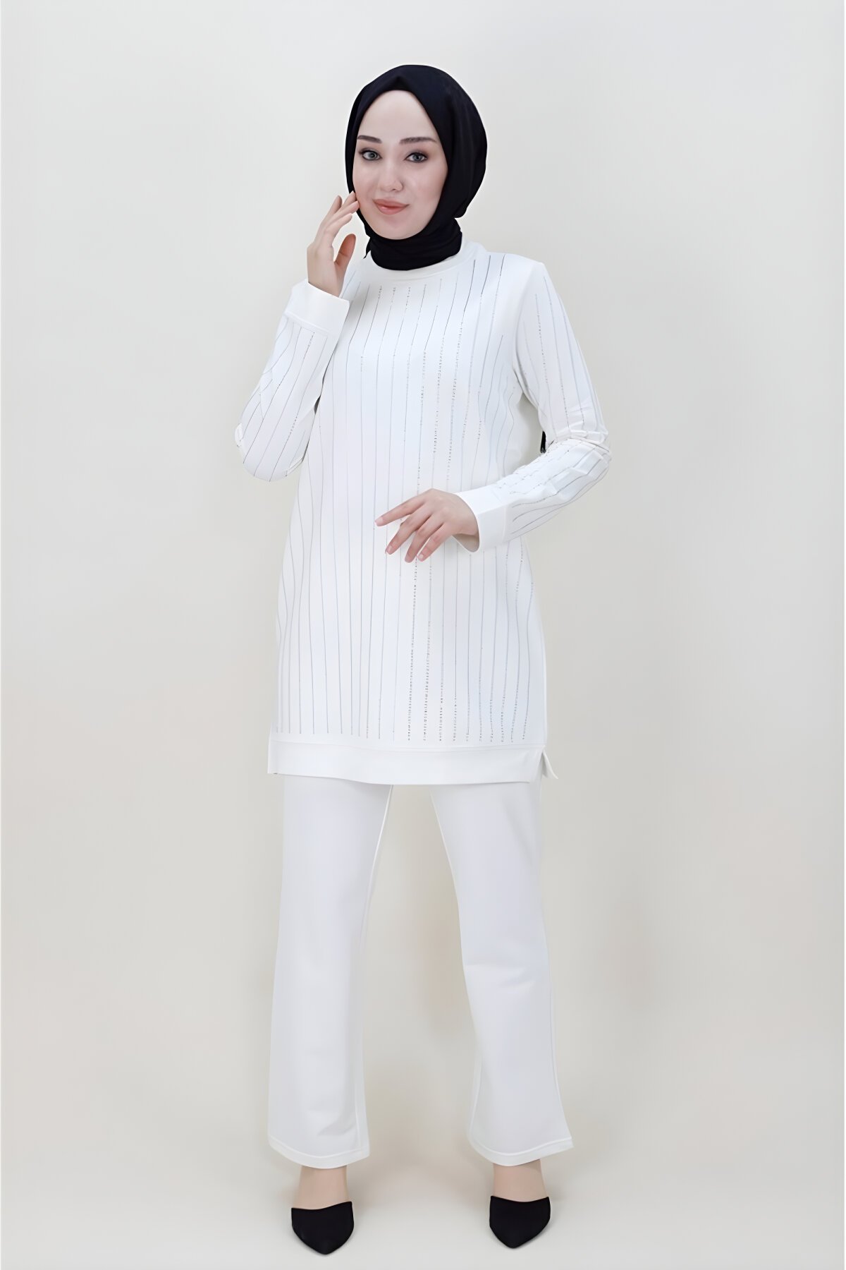 Ekru Taş Baskılı İkili İki İplik Kumaş Tesettür Takım - Bwest