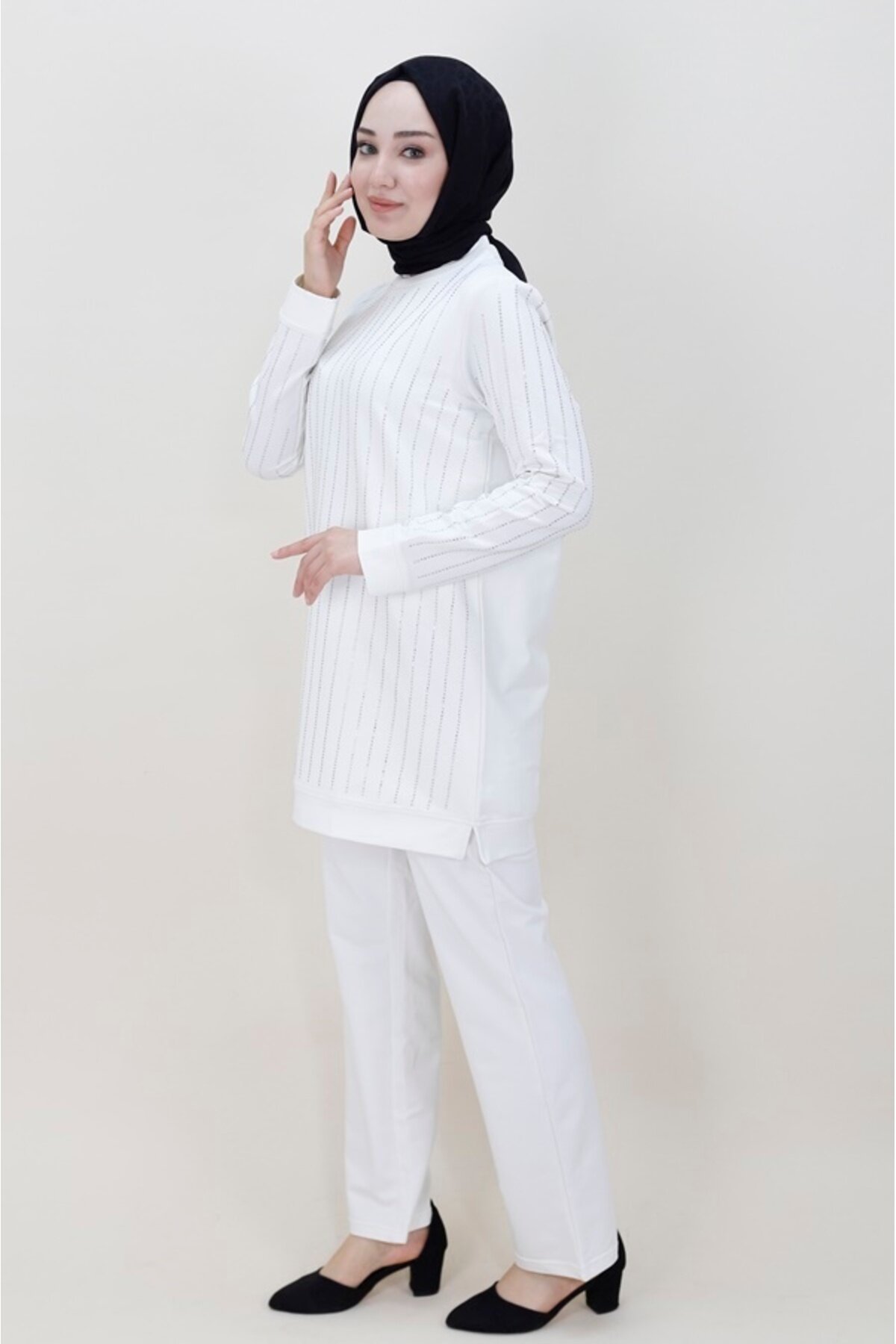 Two-Piece Stone Print Knit Modest Set - Ecru - Bwest