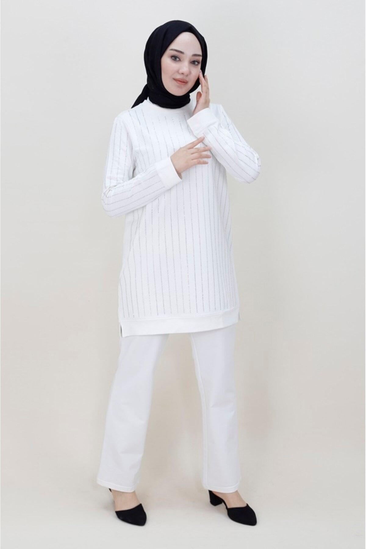 Two-Piece Stone Print Knit Modest Set - Ecru - Bwest