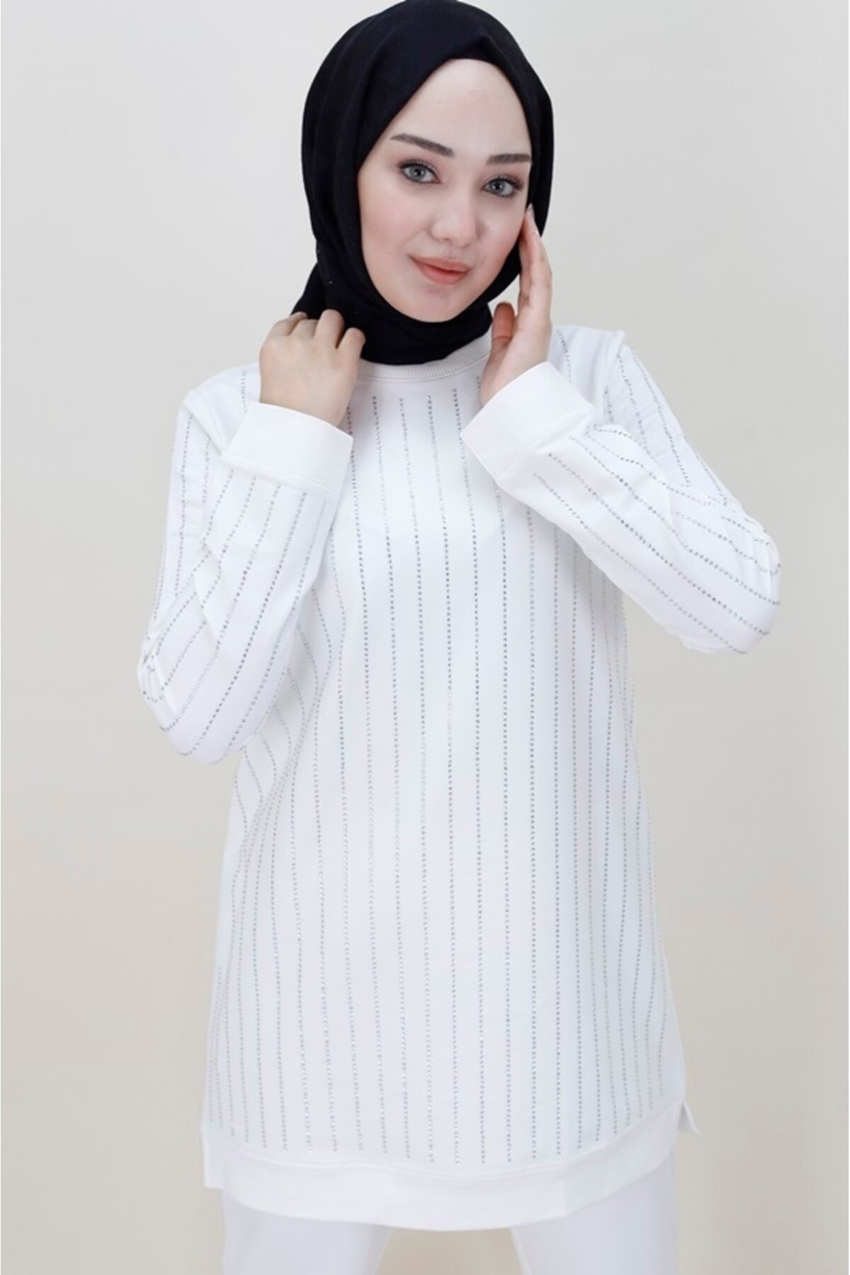 Two-Piece Stone Print Knit Modest Set - Ecru - Bwest