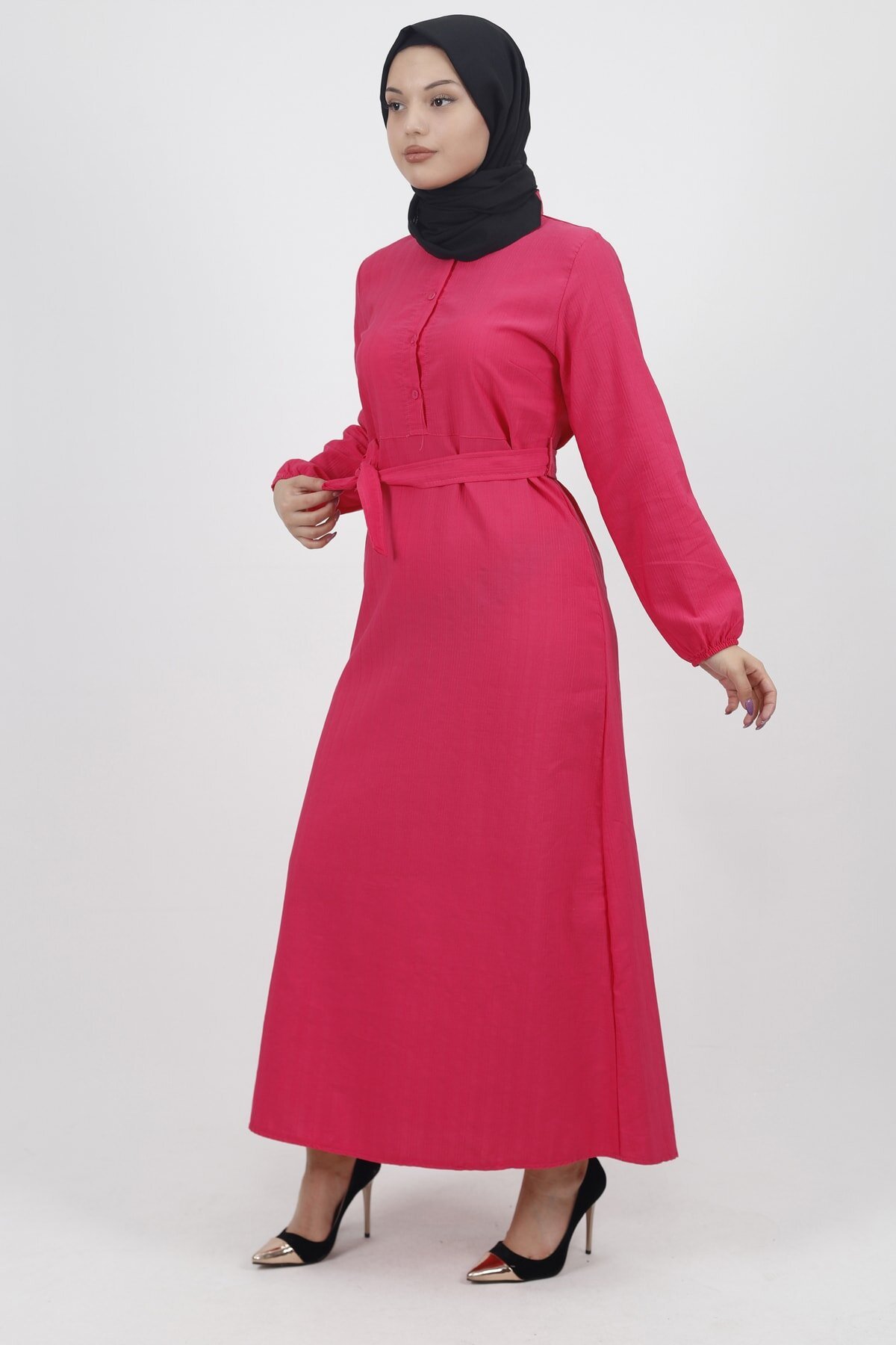 Linen Buttoned Belted Modest Dress - Fuchsia - Bwest