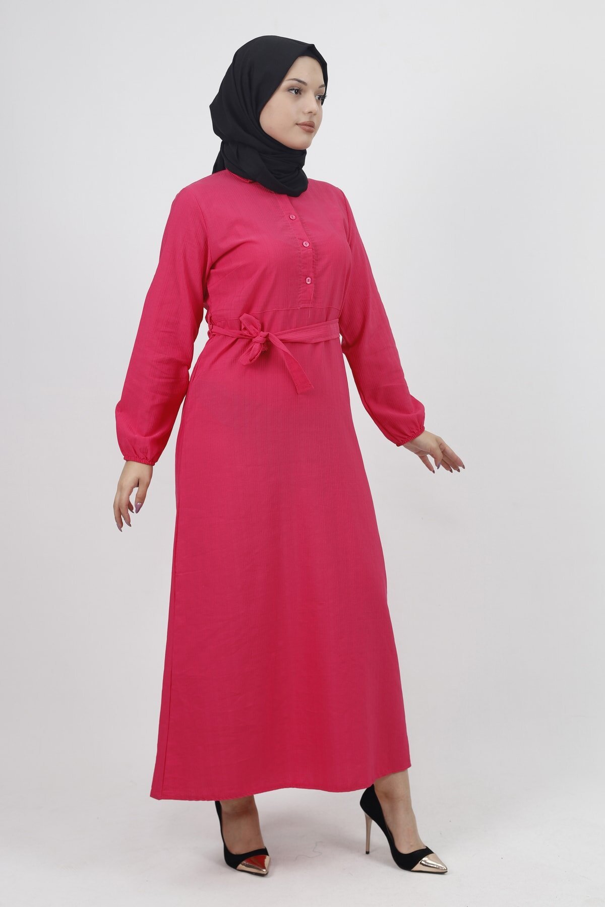 Linen Buttoned Belted Modest Dress - Fuchsia - Bwest