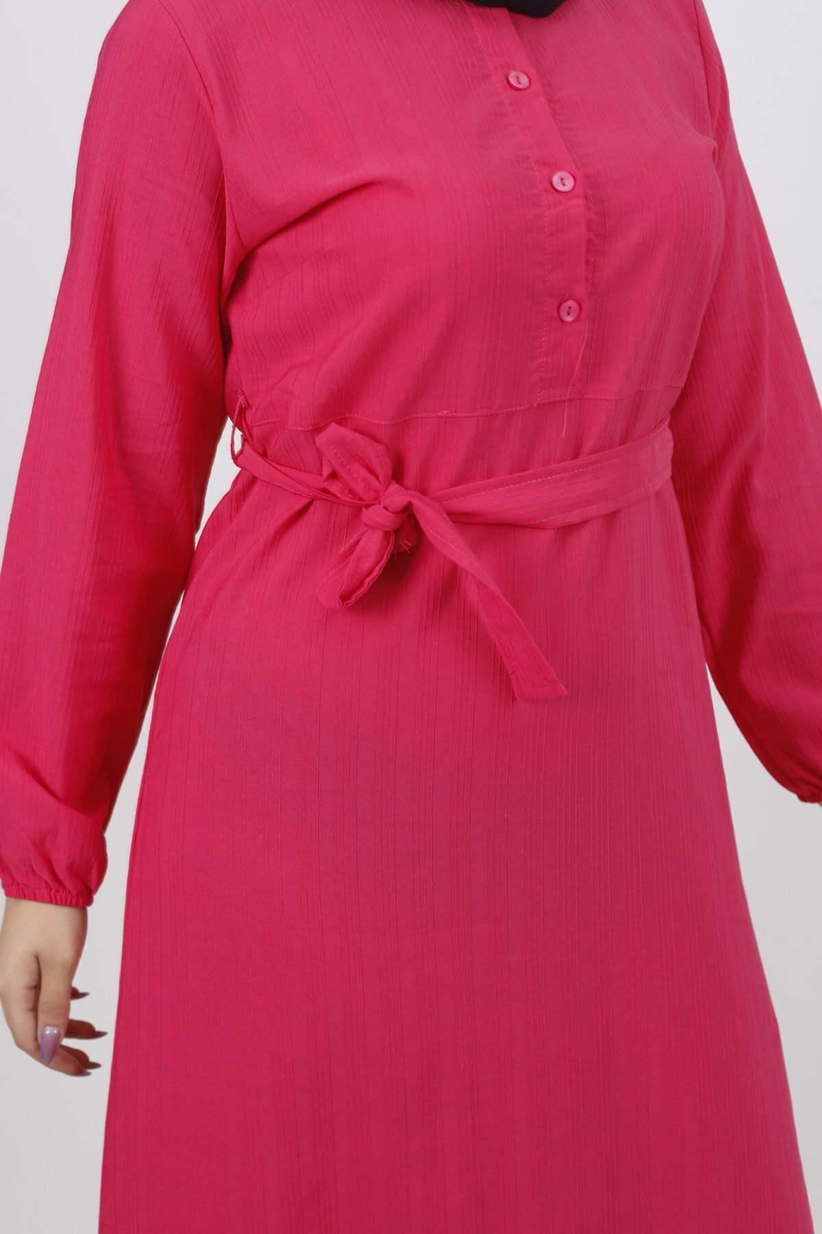 Linen Buttoned Belted Modest Dress - Fuchsia - Bwest
