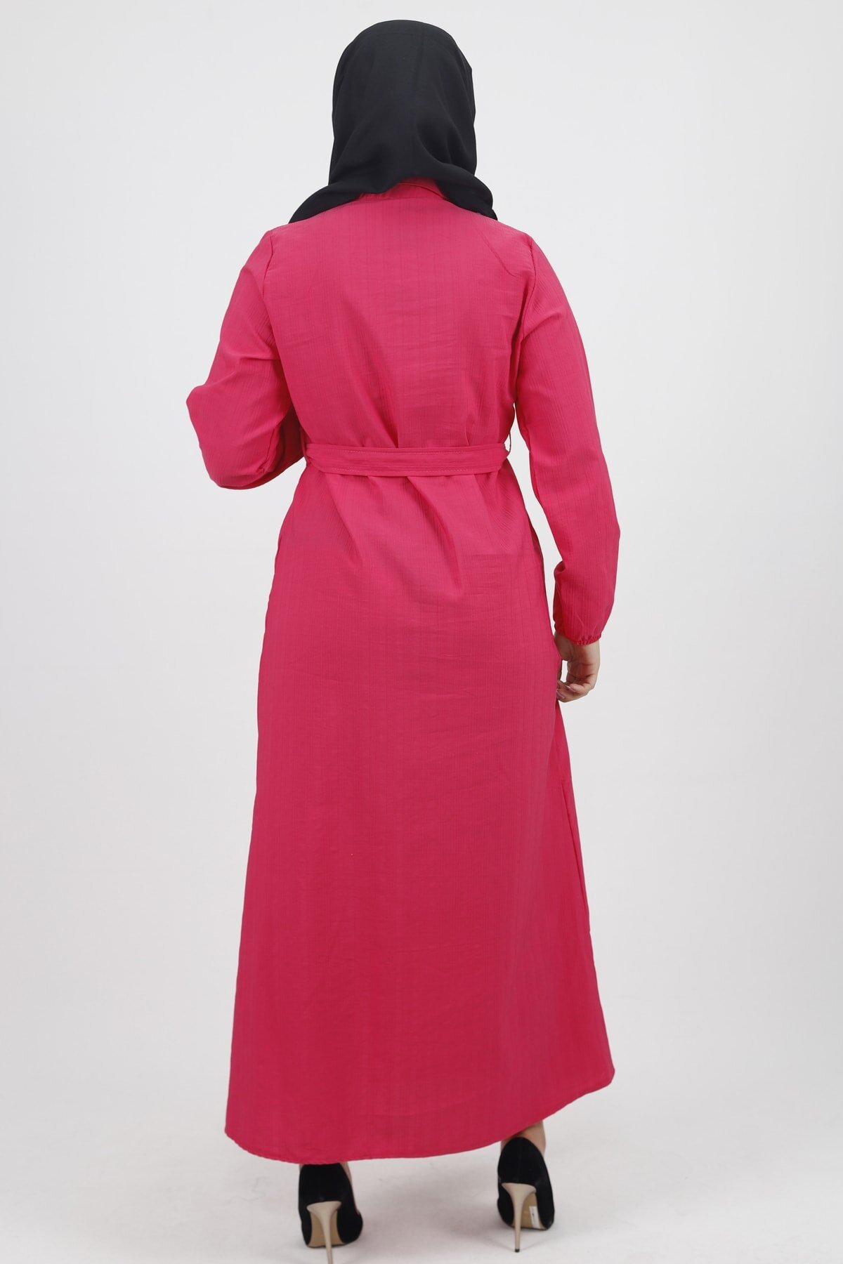 Linen Buttoned Belted Modest Dress - Fuchsia - Bwest
