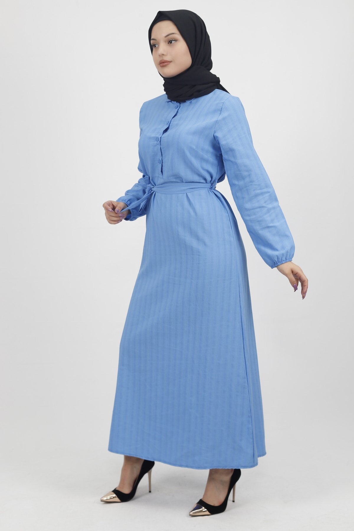 Linen Belted Buttoned Modest Dress - Blue - Bwest