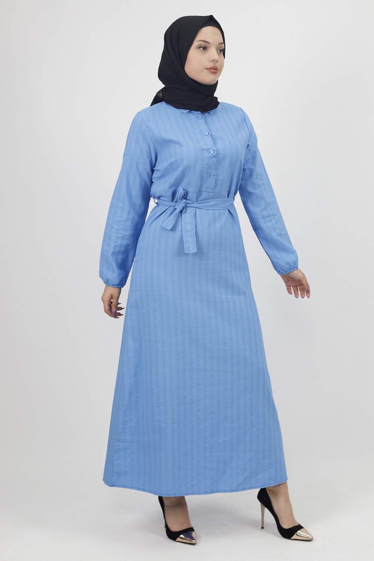 Linen Belted Buttoned Modest Dress - Blue - Bwest