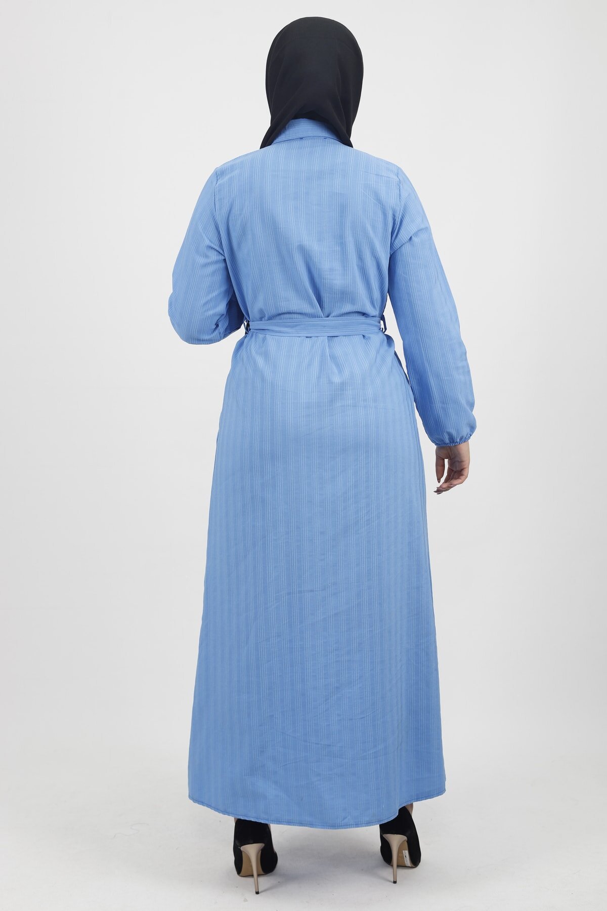 Linen Belted Buttoned Modest Dress - Blue - Bwest
