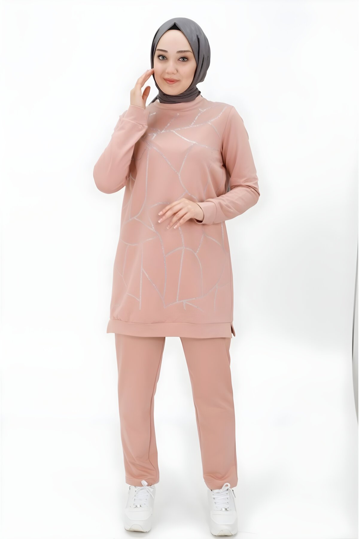 Pudra İkili İki İplik Kumaş Taş Şerit Detaylı Tesettür Takım - Bwest