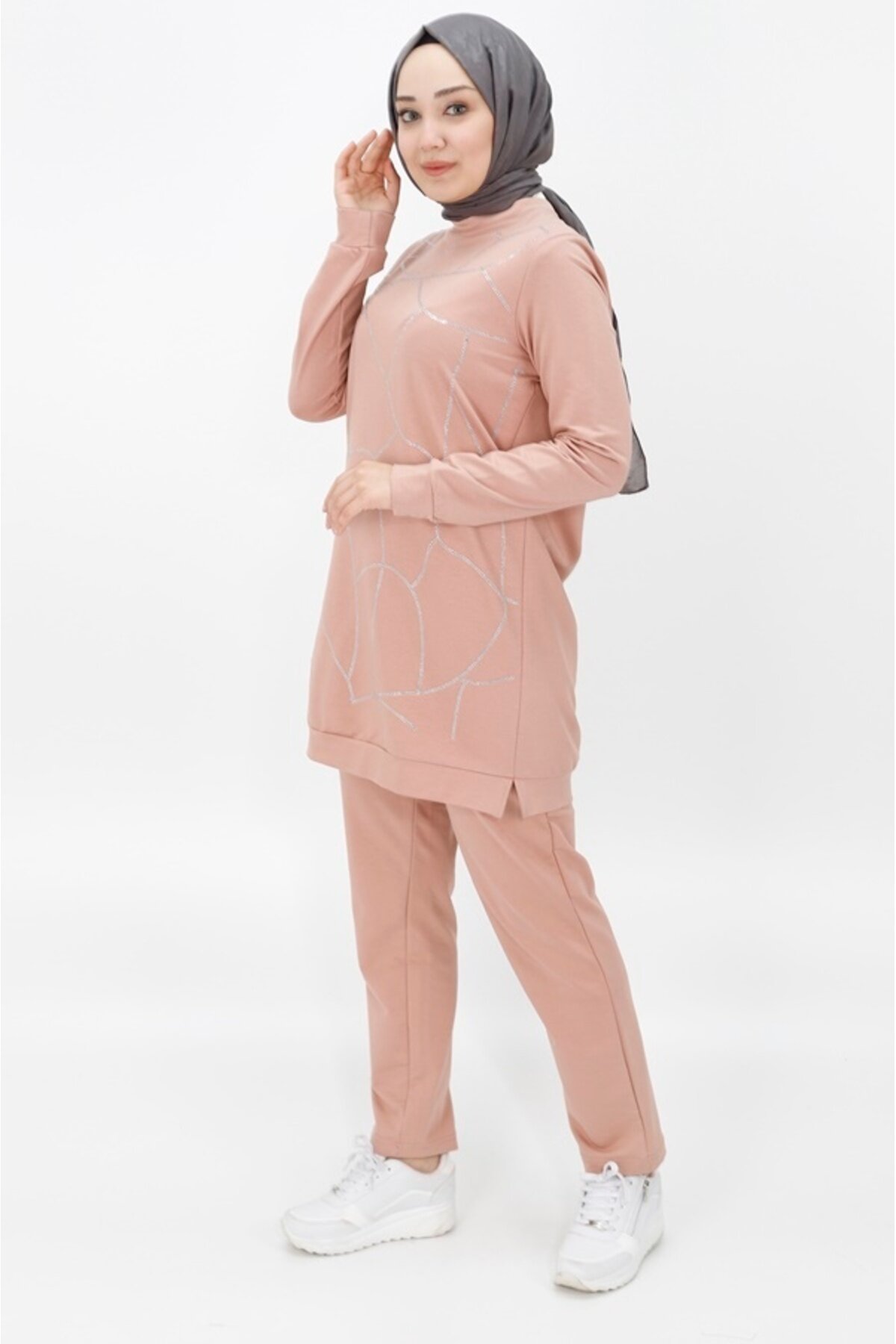Two-Piece Two-Thread Fabric Stone Strip Detail Modest Set - Powder Pink - Bwest
