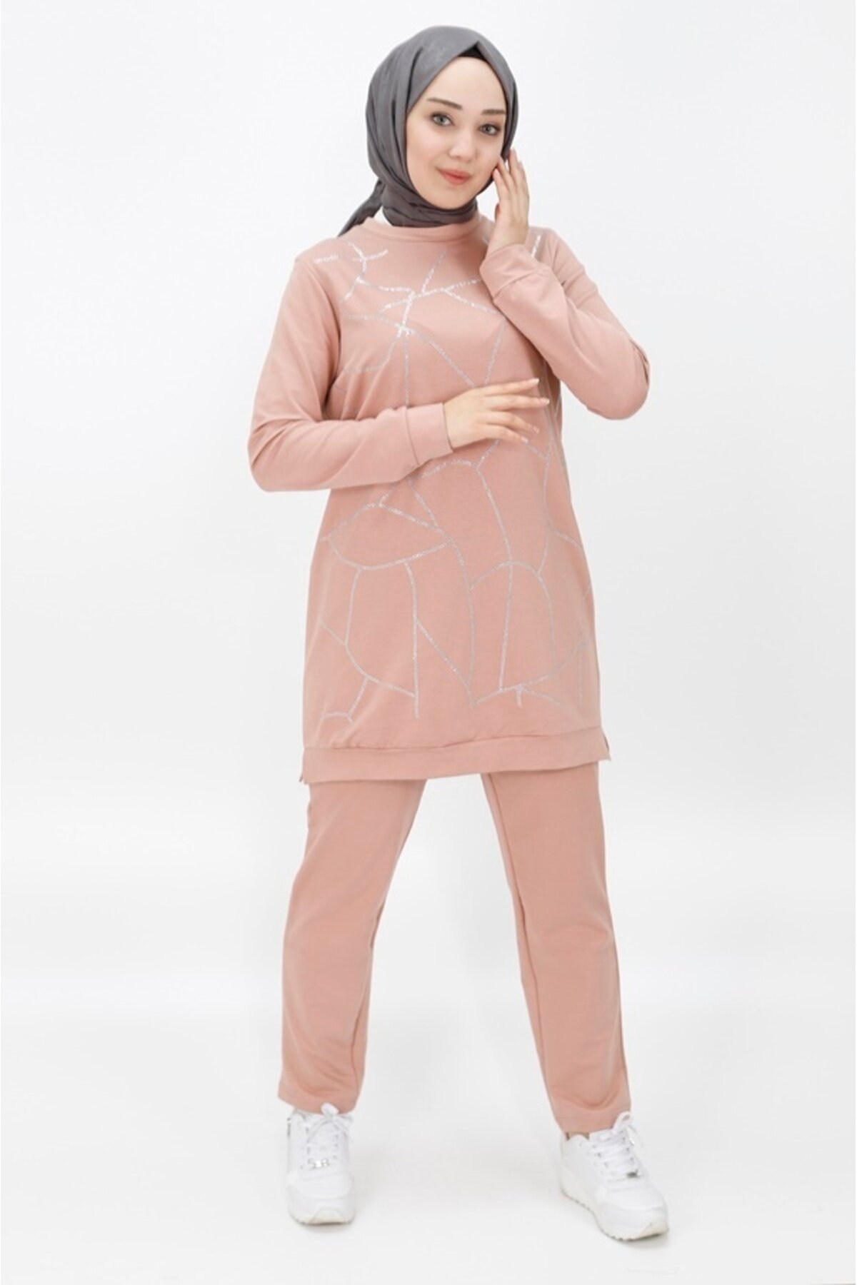 Two-Piece Two-Thread Fabric Stone Strip Detail Modest Set - Powder Pink - Bwest