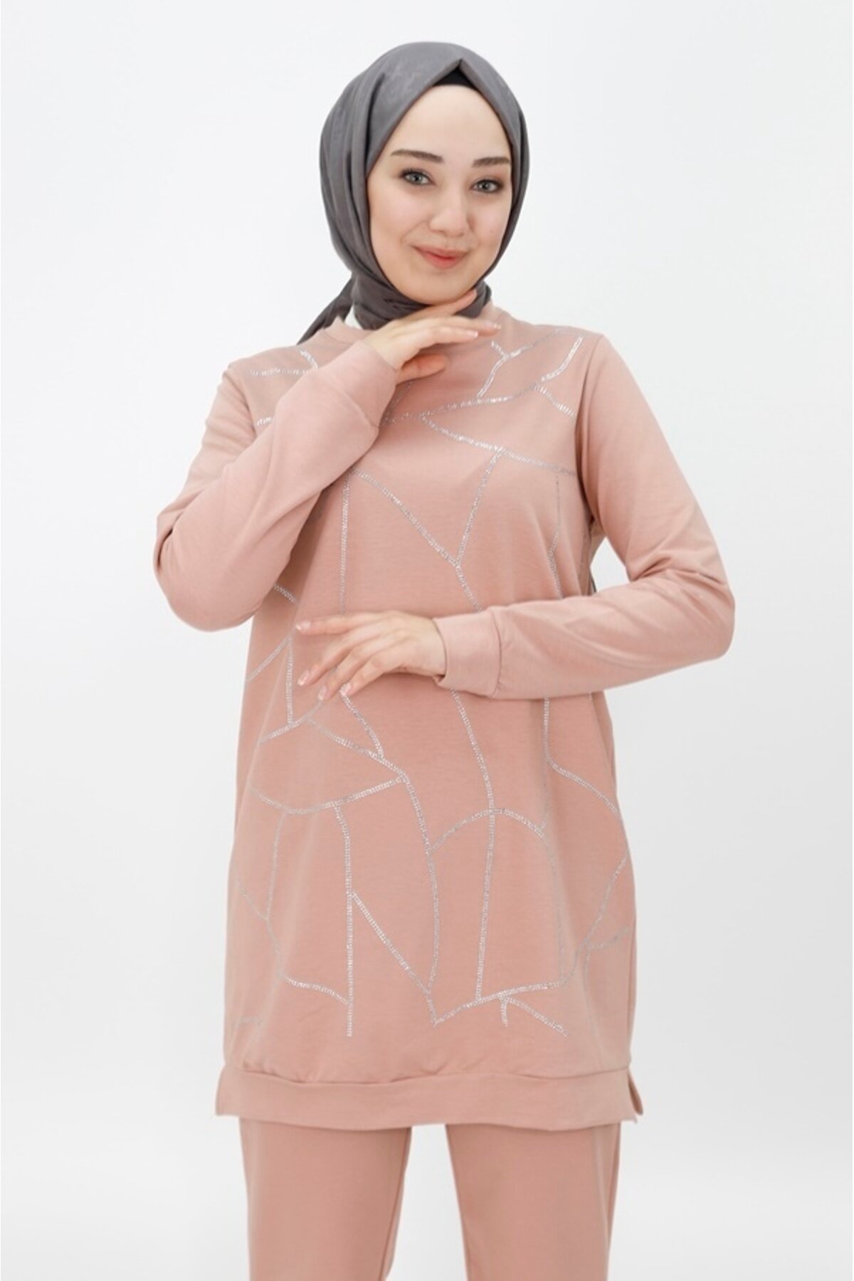 Two-Piece Two-Thread Fabric Stone Strip Detail Modest Set - Powder Pink - Bwest