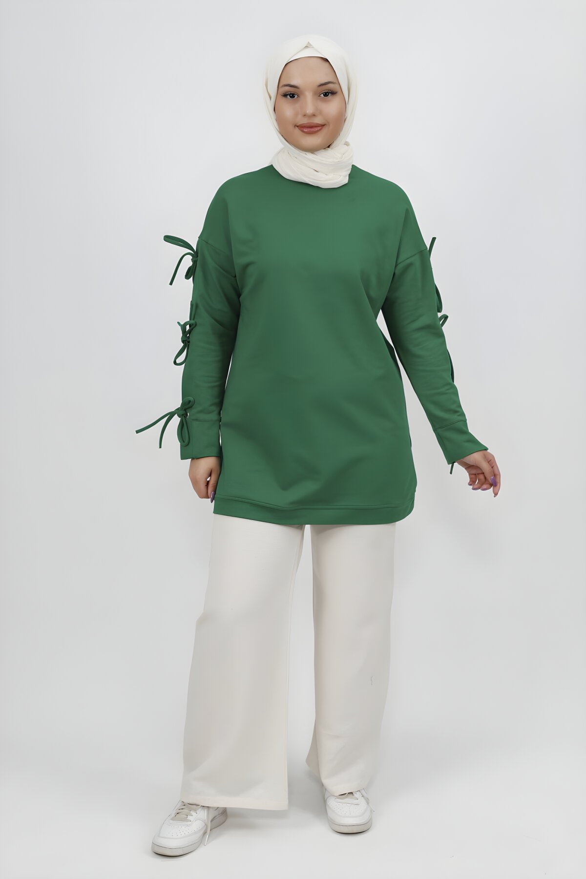 Yeşil İki İplik Kolu Bağlama Detaylı Tesettür Tunik - Bwest