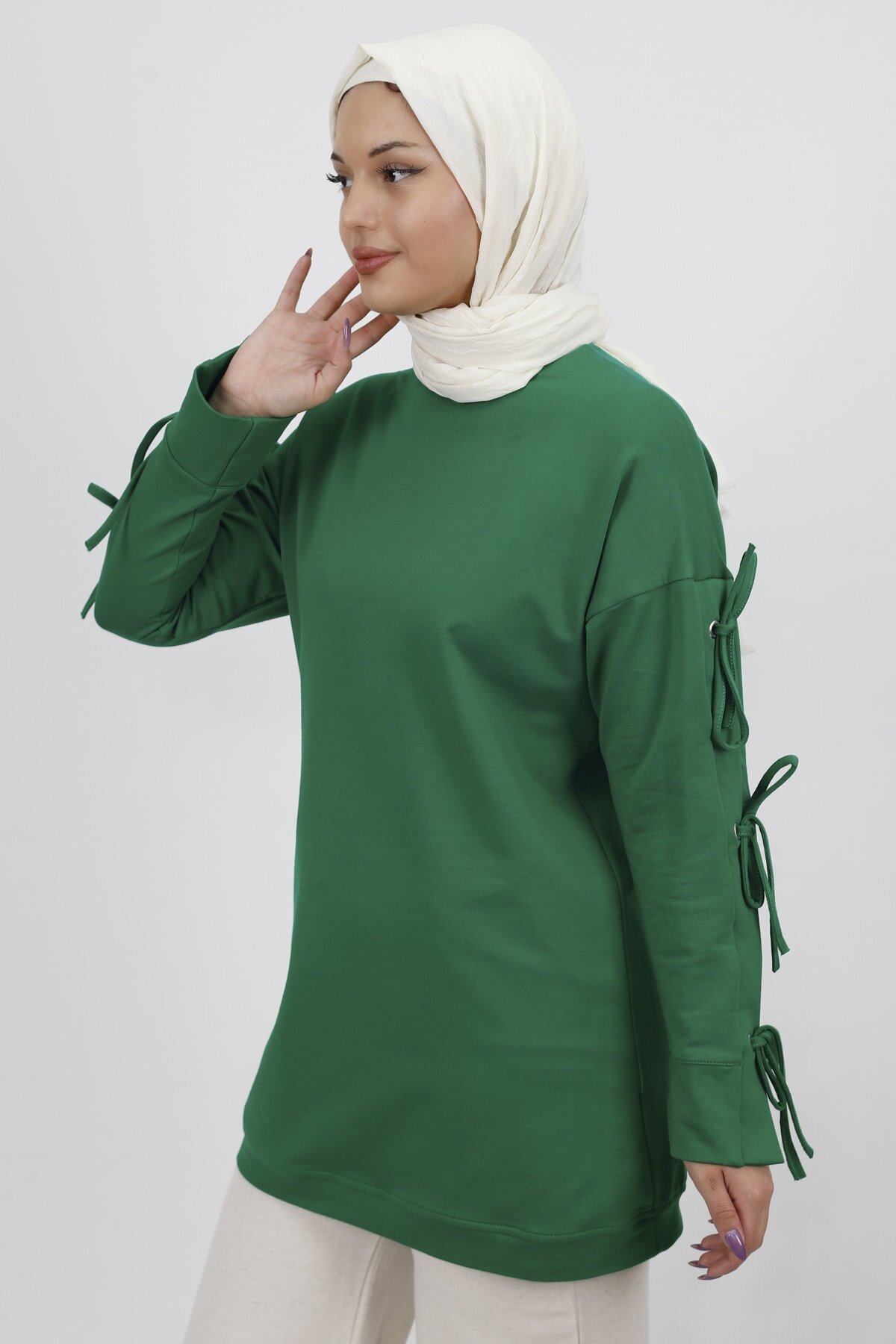 Double Yarn Tie-Sleeve Modest Tunic - Green - Bwest