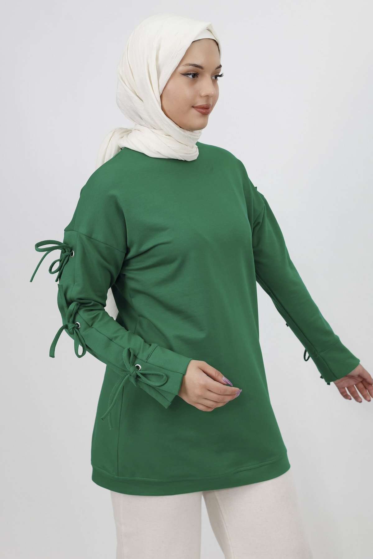 Double Yarn Tie-Sleeve Modest Tunic - Green - Bwest