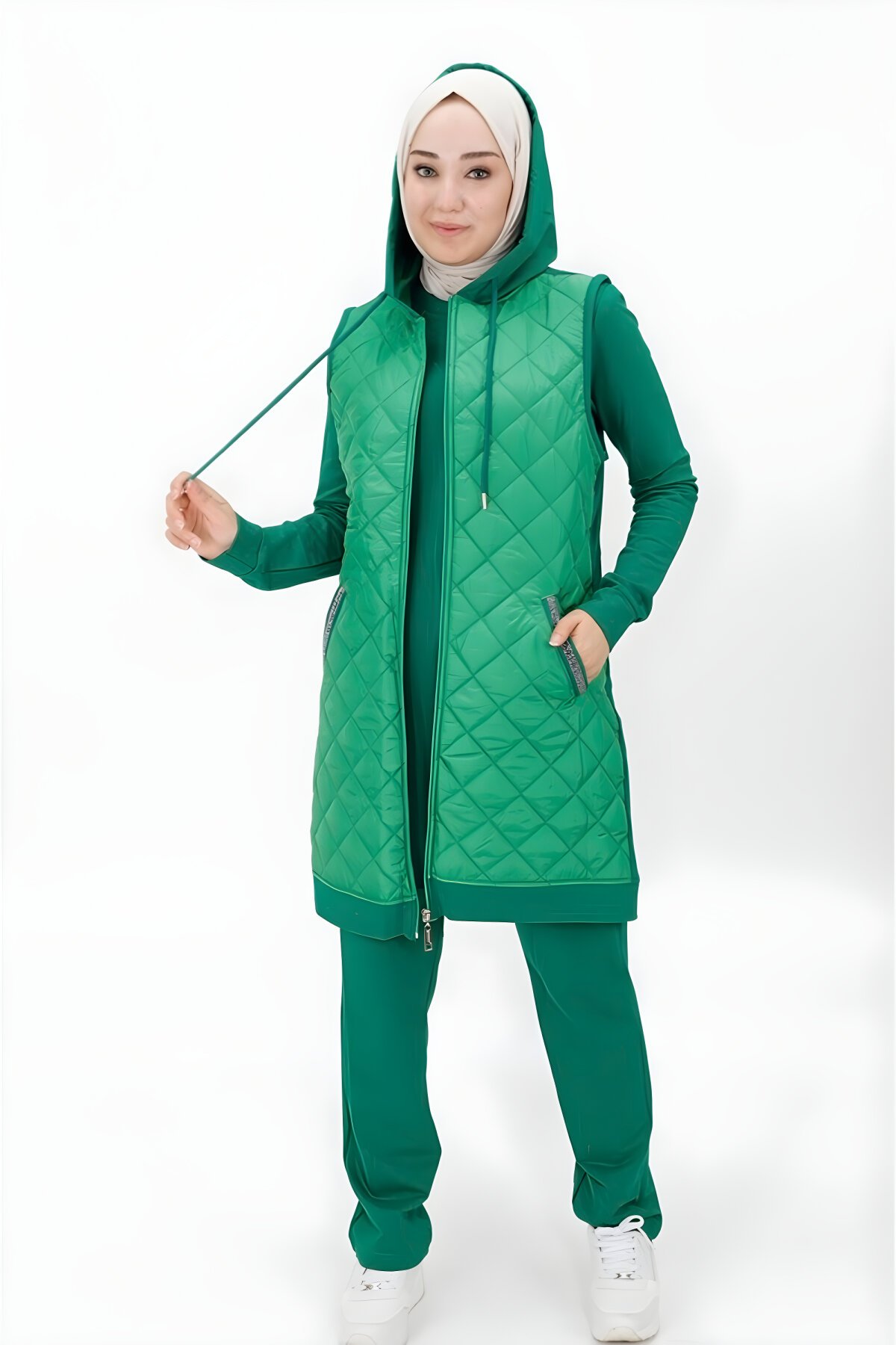 Yeşil İki İplik Kumaş Yelekli Üçlü Tesettür Takım - Bwest