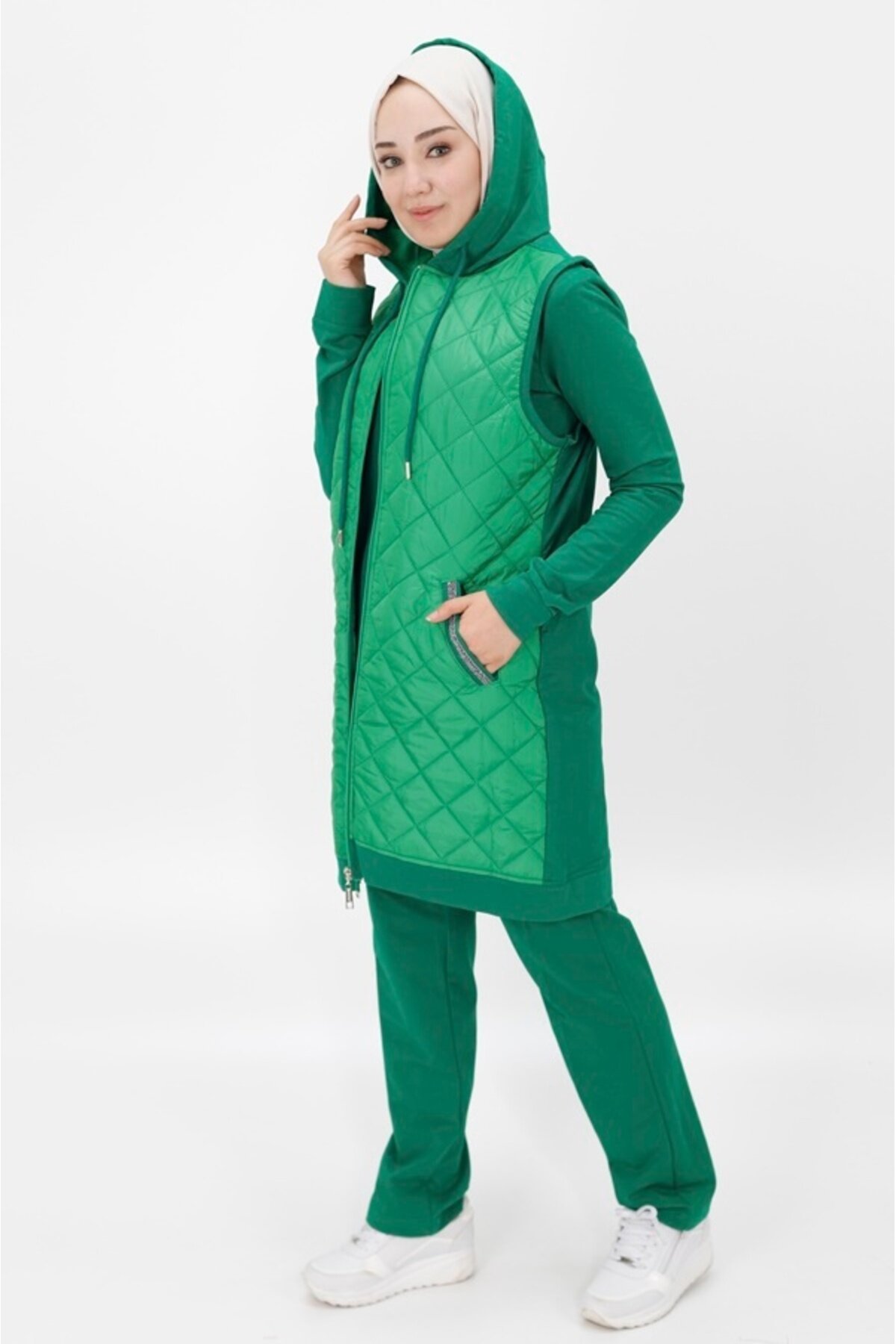Three-Piece Double-Thread Knit Vested Modest Set - Green - Bwest
