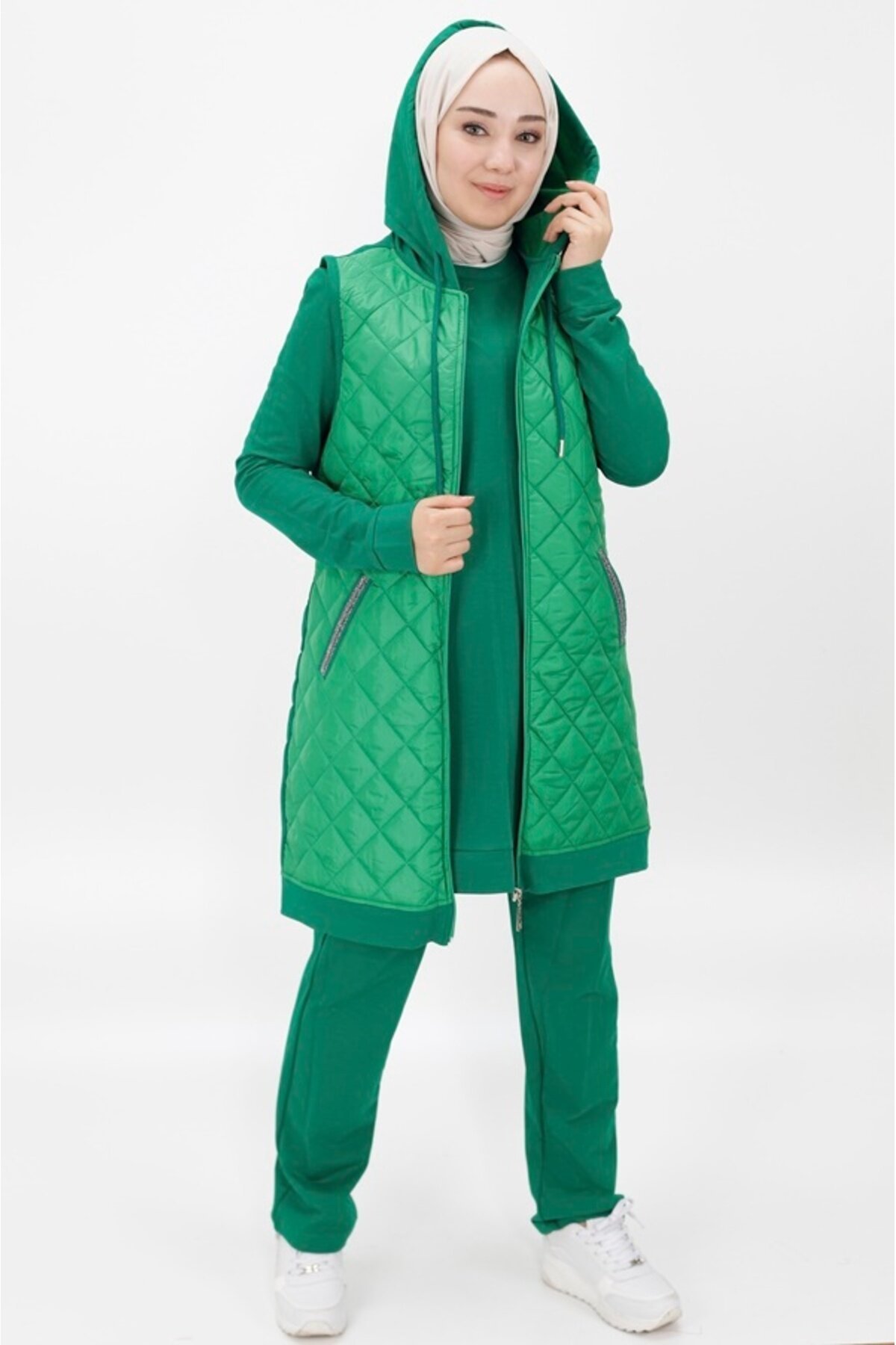 Three-Piece Double-Thread Knit Vested Modest Set - Green - Bwest