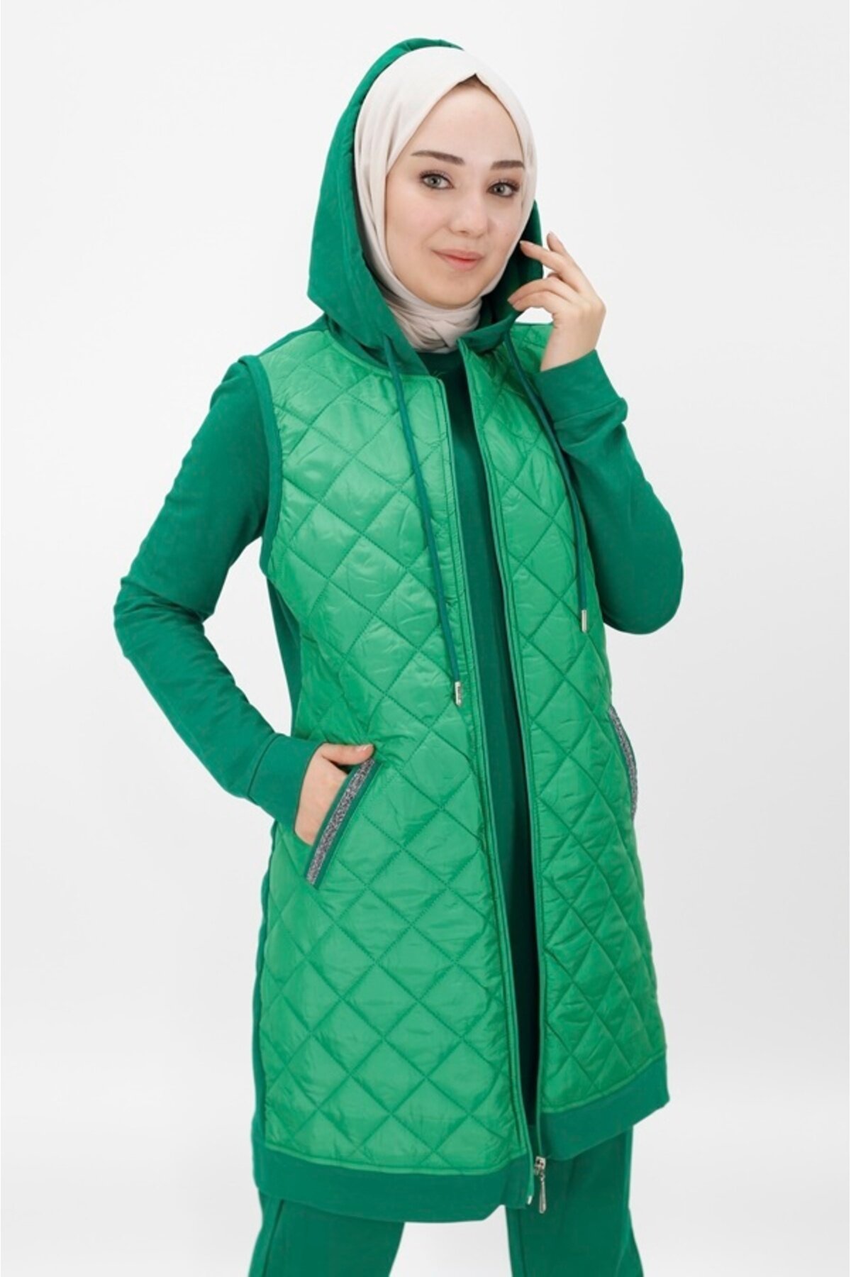Three-Piece Double-Thread Knit Vested Modest Set - Green - Bwest