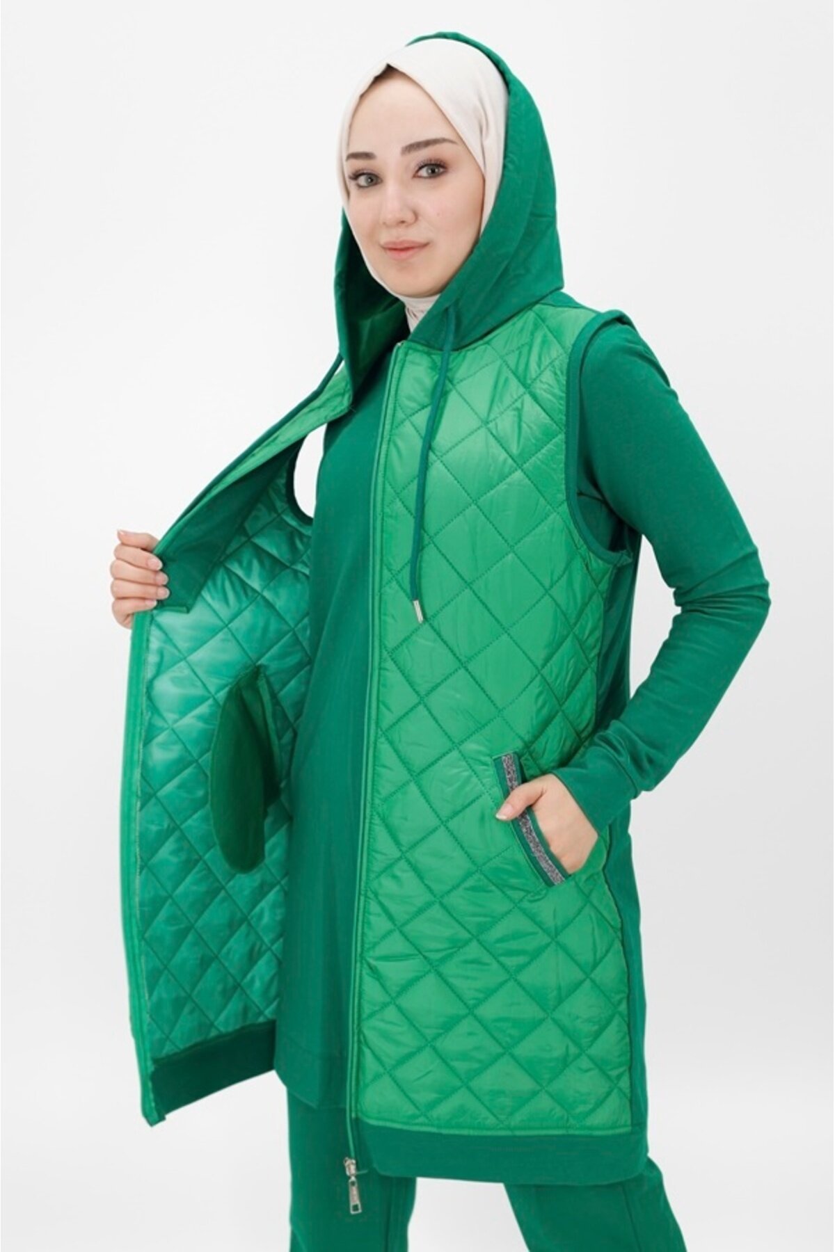Three-Piece Double-Thread Knit Vested Modest Set - Green - Bwest
