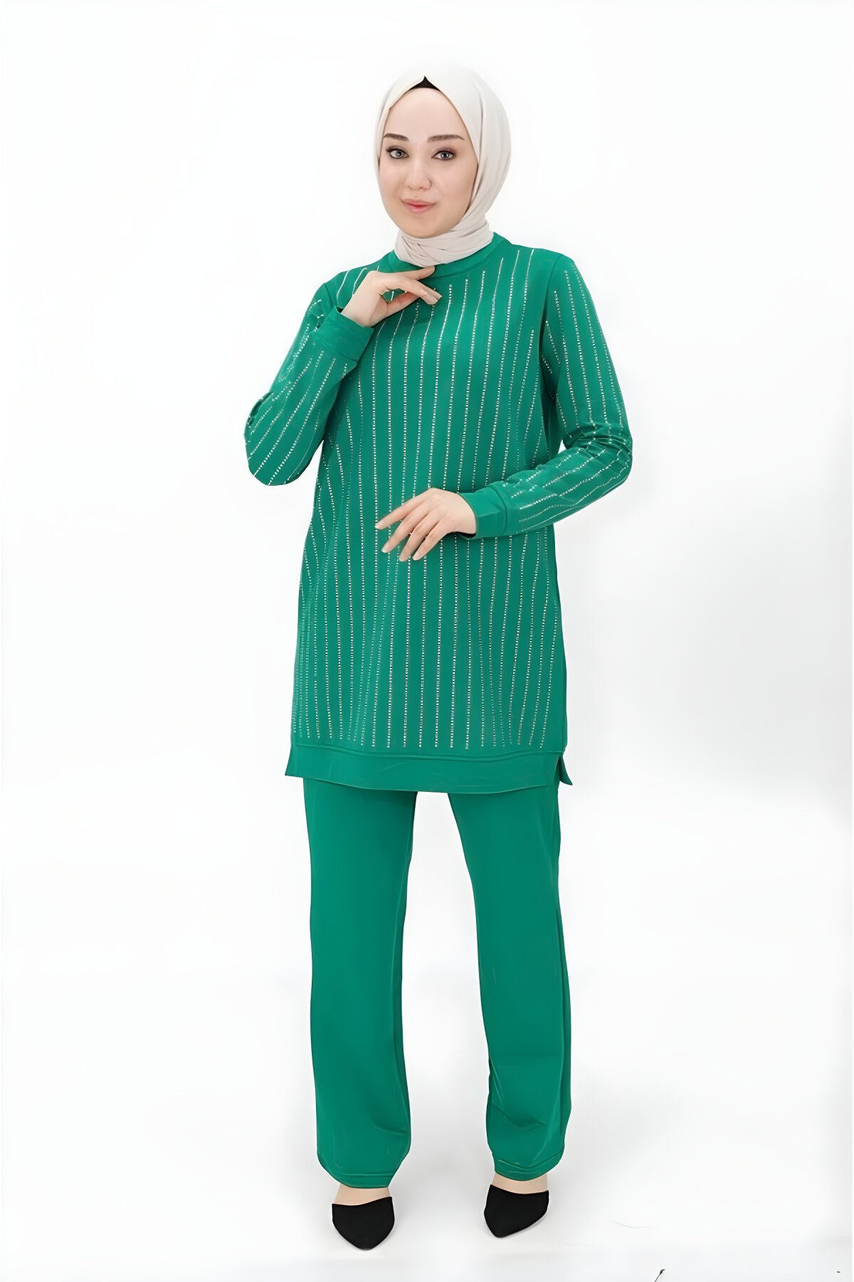Yeşil Taş Baskılı İkili İki İplik Kumaş Tesettür Takım - Bwest