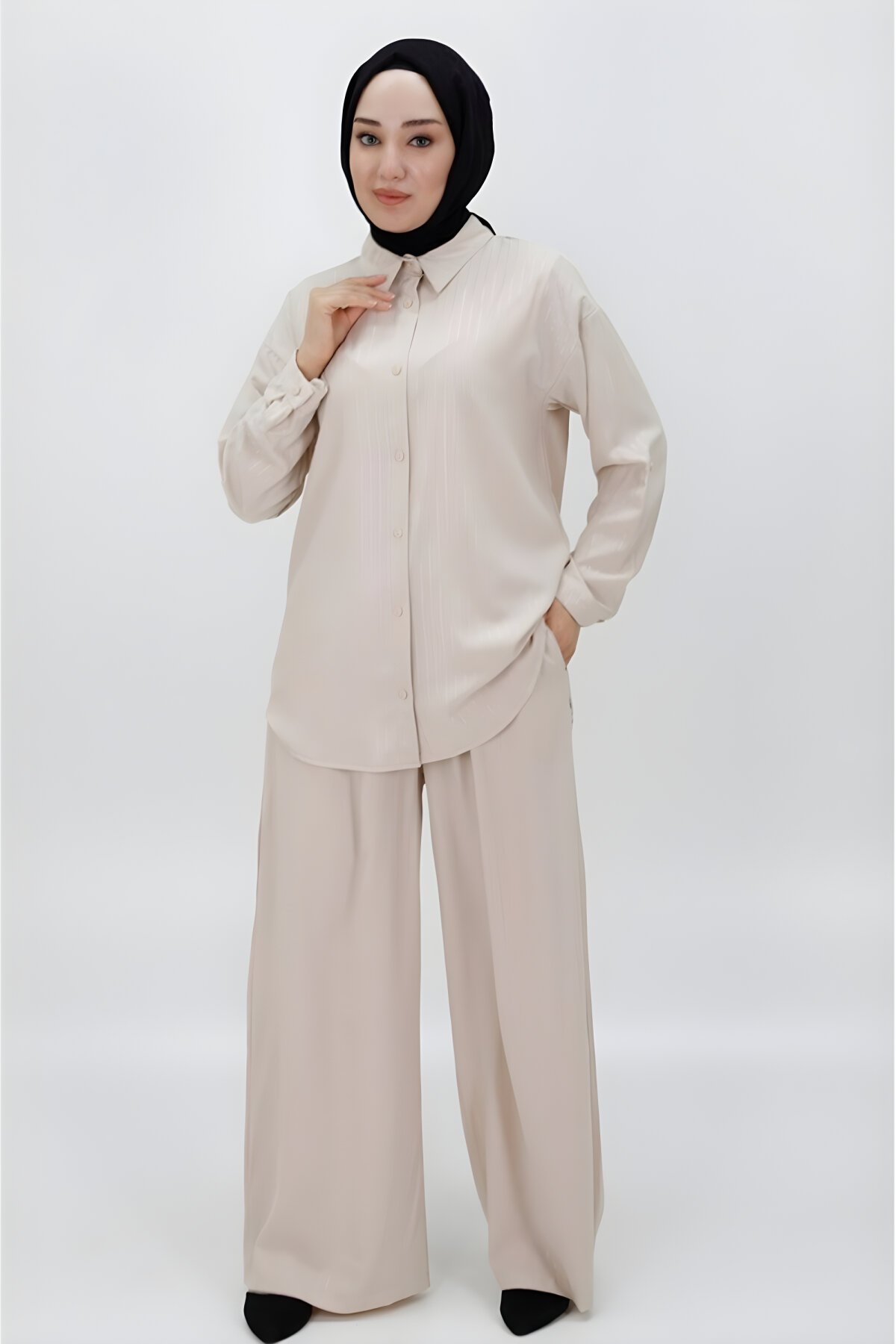 Bej Çizgili Jessıca Kumaş İkili Tesettür Takım - Bycoolest Butik