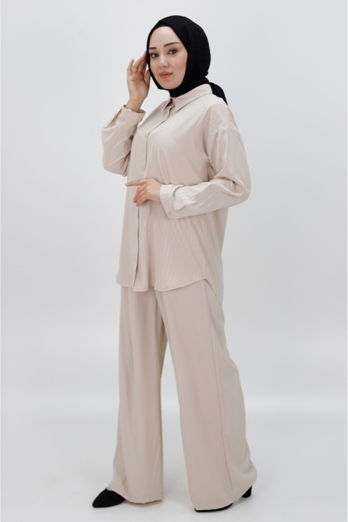 Two-Piece Striped Jessica Fabric Modest Set - Beige - Bycoolest Butik
