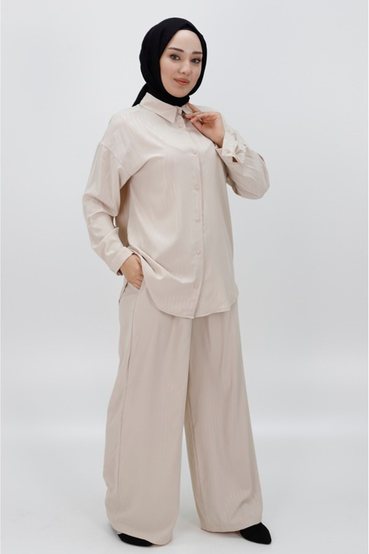 Two-Piece Striped Jessica Fabric Modest Set - Beige - Bycoolest Butik