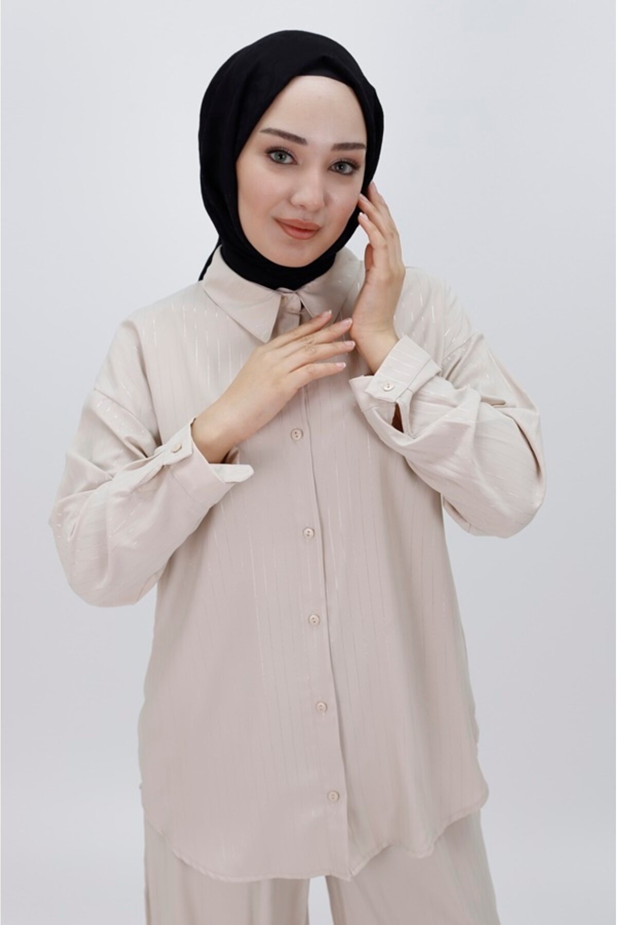 Two-Piece Striped Jessica Fabric Modest Set - Beige - Bycoolest Butik