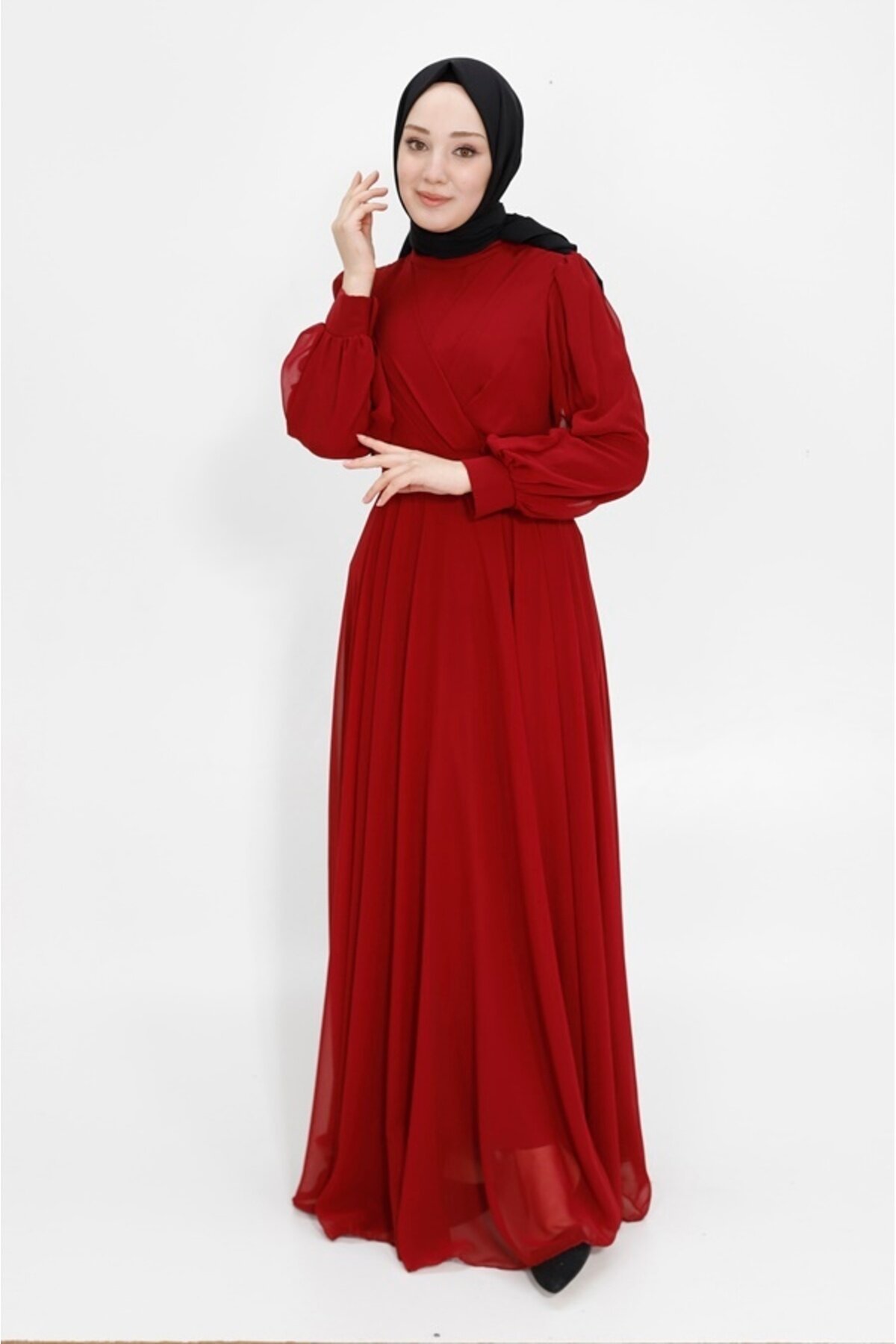 فستان سهرة محتشم عنابي بياقة متقاطعة من الشيفون - Bycoolest Butik
