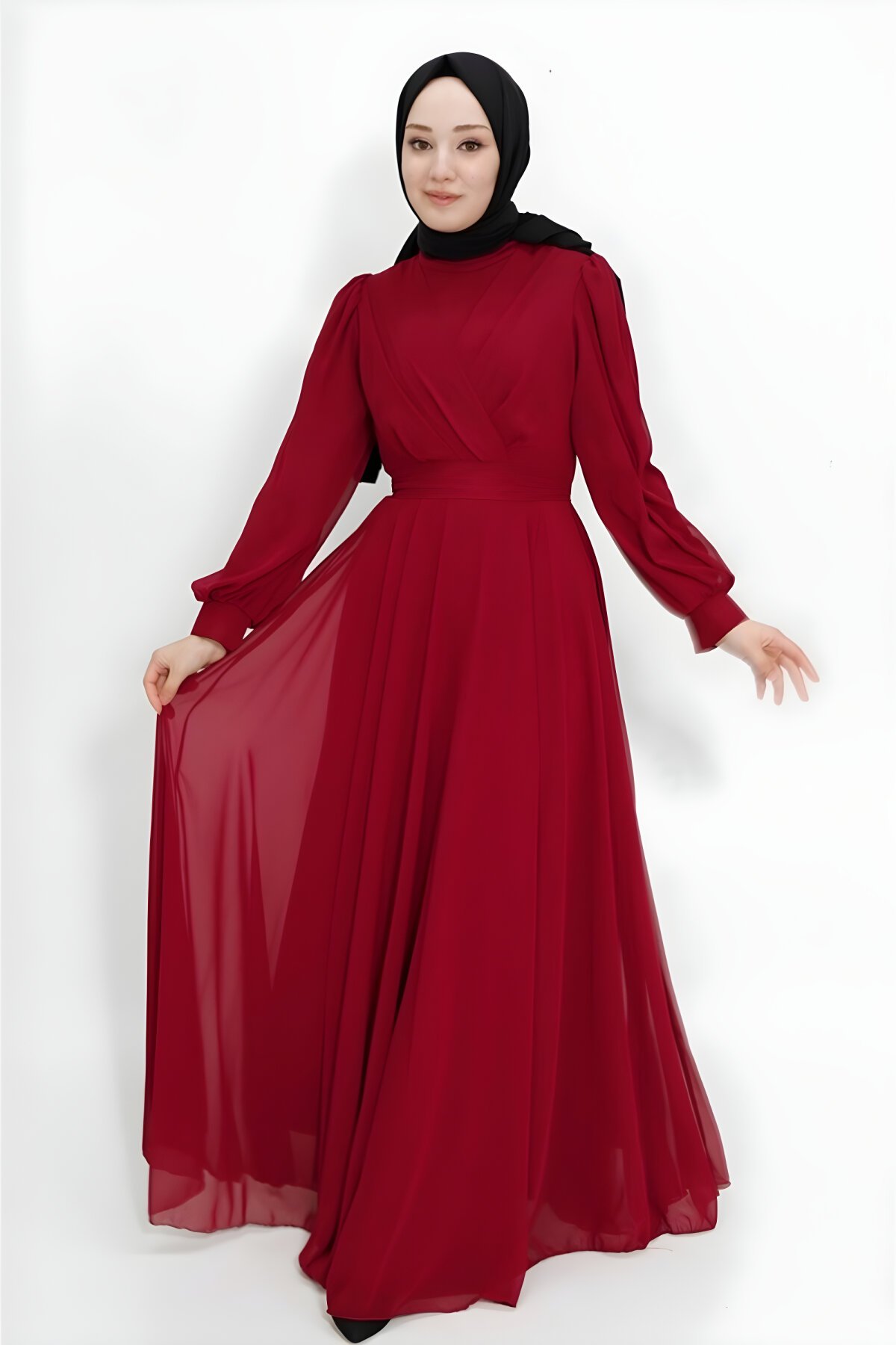 Bordo Kruvaze Yaka Şifon Kumaş Tesettür Abiye Elbise - Bycoolest Butik