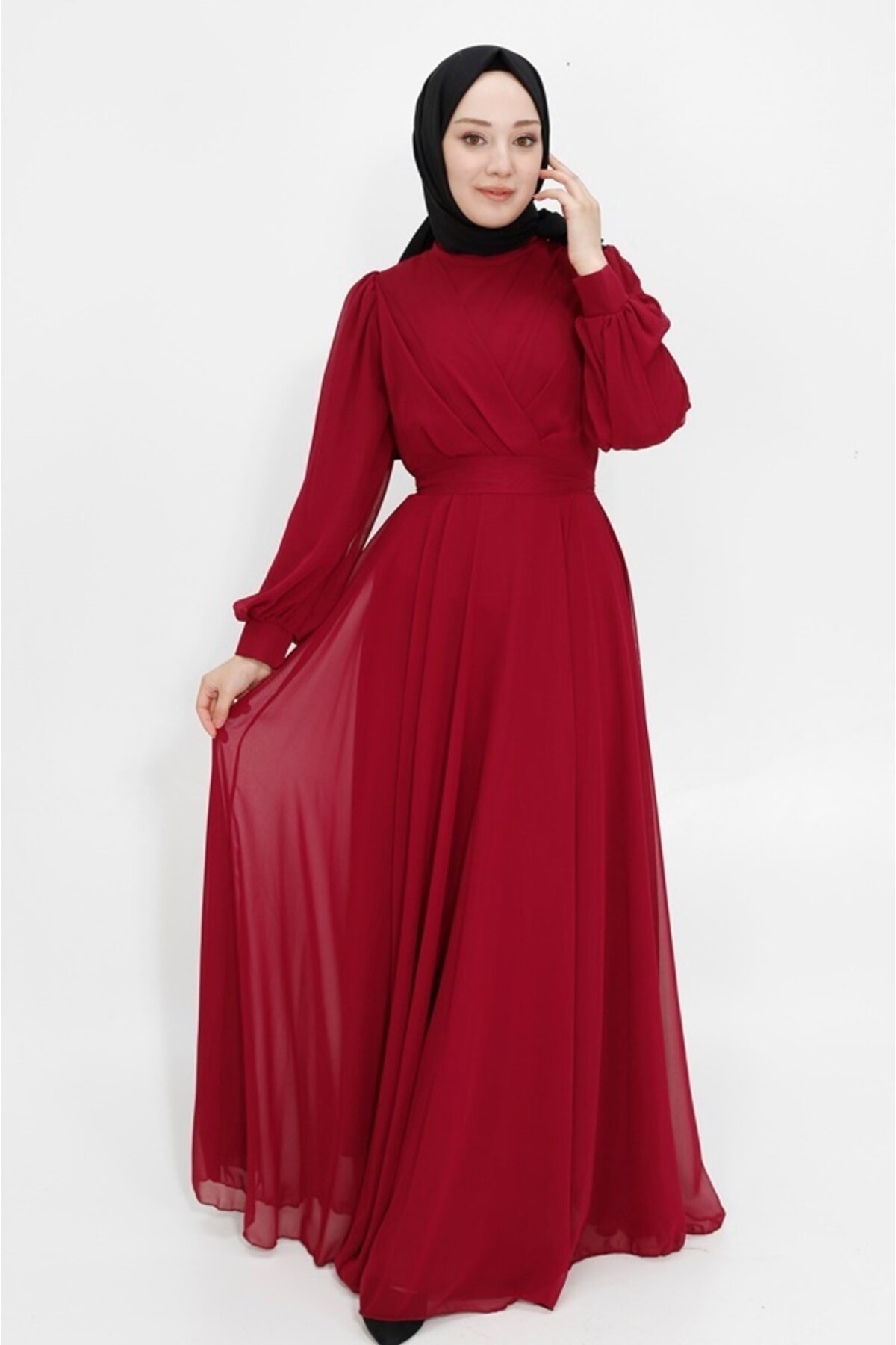 فستان سهرة محتشم عنابي بياقة متقاطعة من الشيفون - Bycoolest Butik