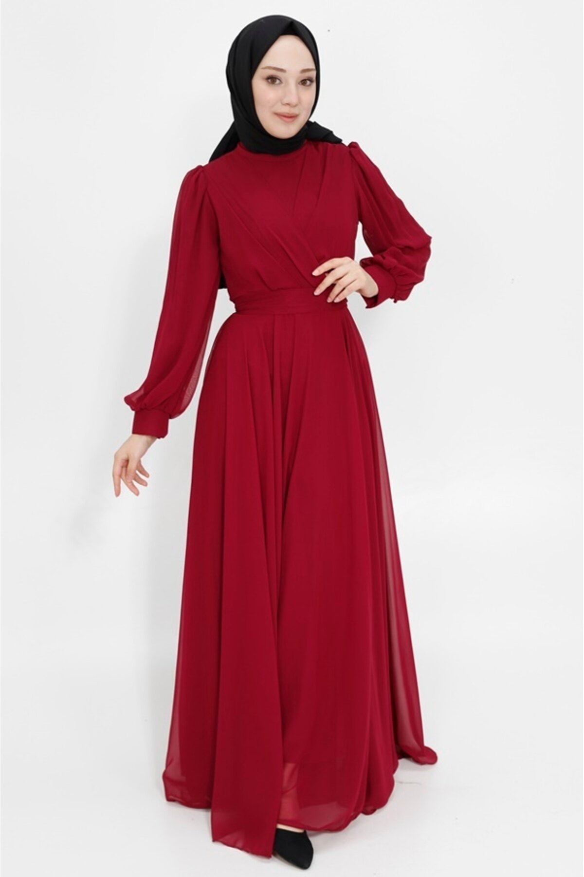 فستان سهرة محتشم عنابي بياقة متقاطعة من الشيفون - Bycoolest Butik
