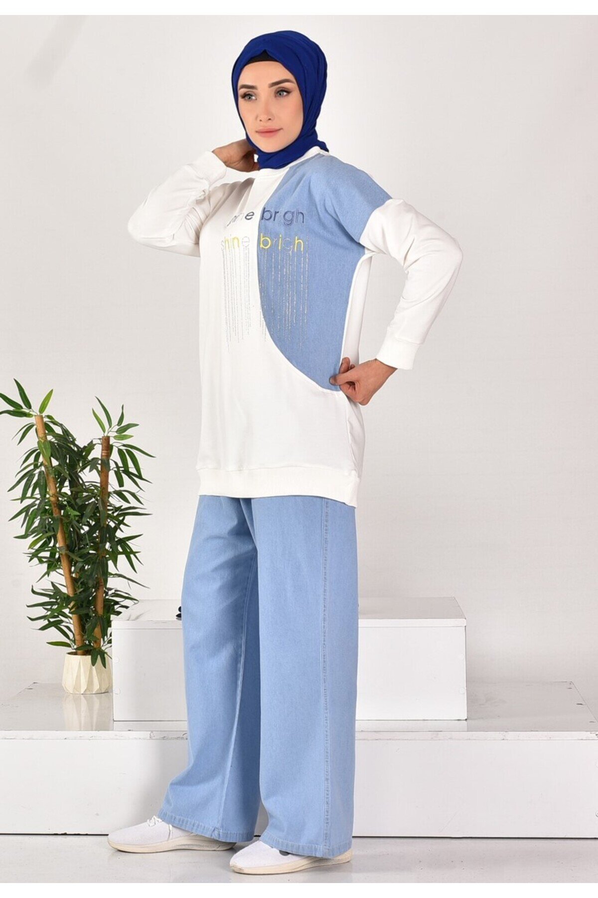 Two-Piece Stone Print Text-Embroidered Modest Set - Ecru - Bycoolest Butik