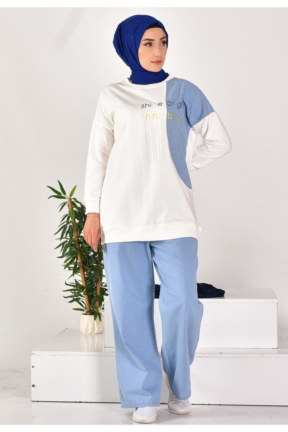 Two-Piece Stone Print Text-Embroidered Modest Set - Ecru - Bycoolest Butik
