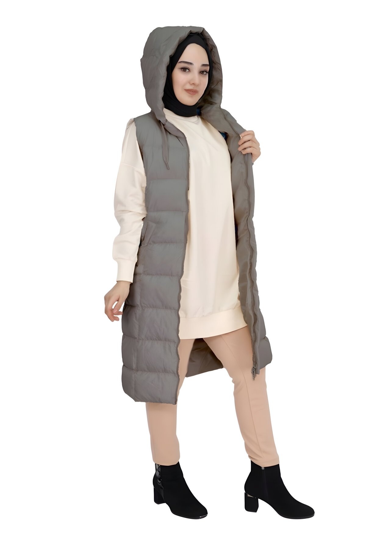Gri Dolum Şişme Cepli Tesettür Yelek - Bycoolest Butik