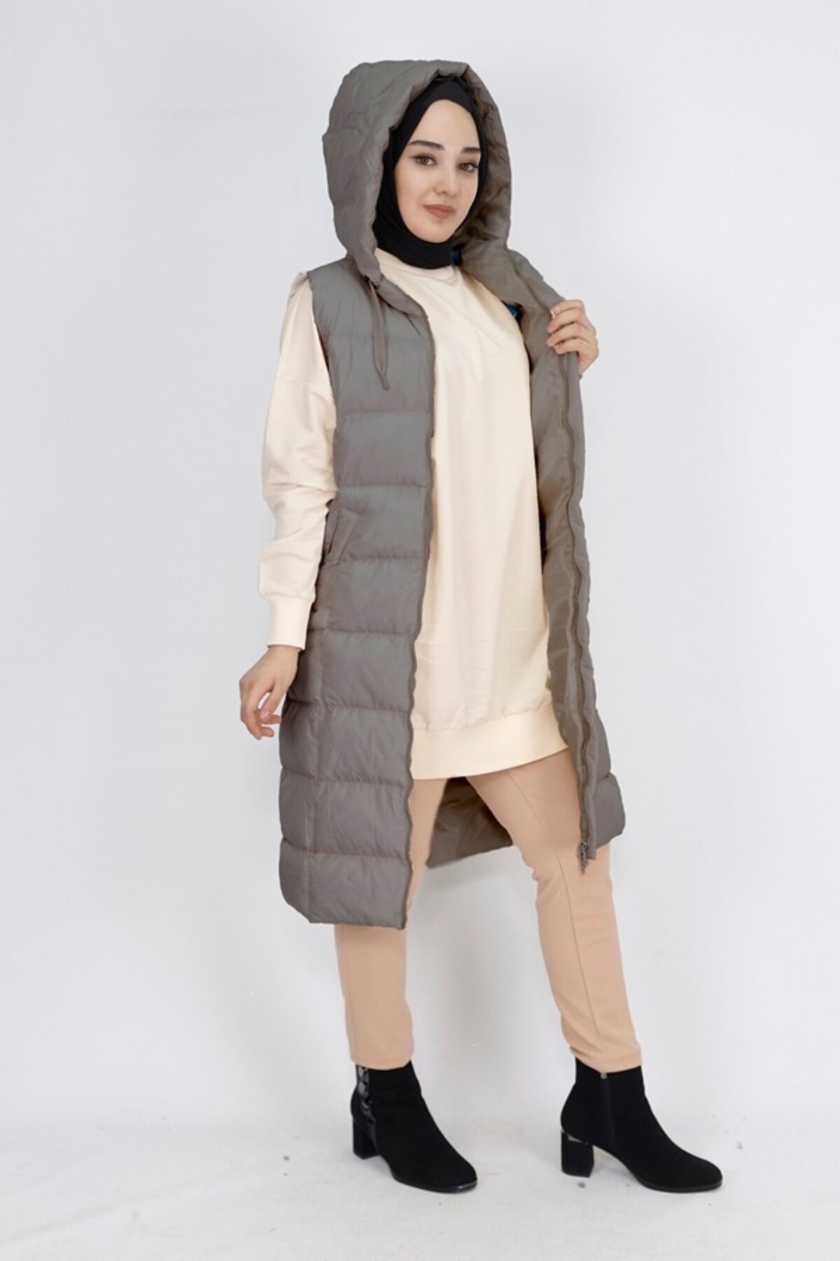 Padded Puffer Pocket Modest Vest - Grey - Bycoolest Butik